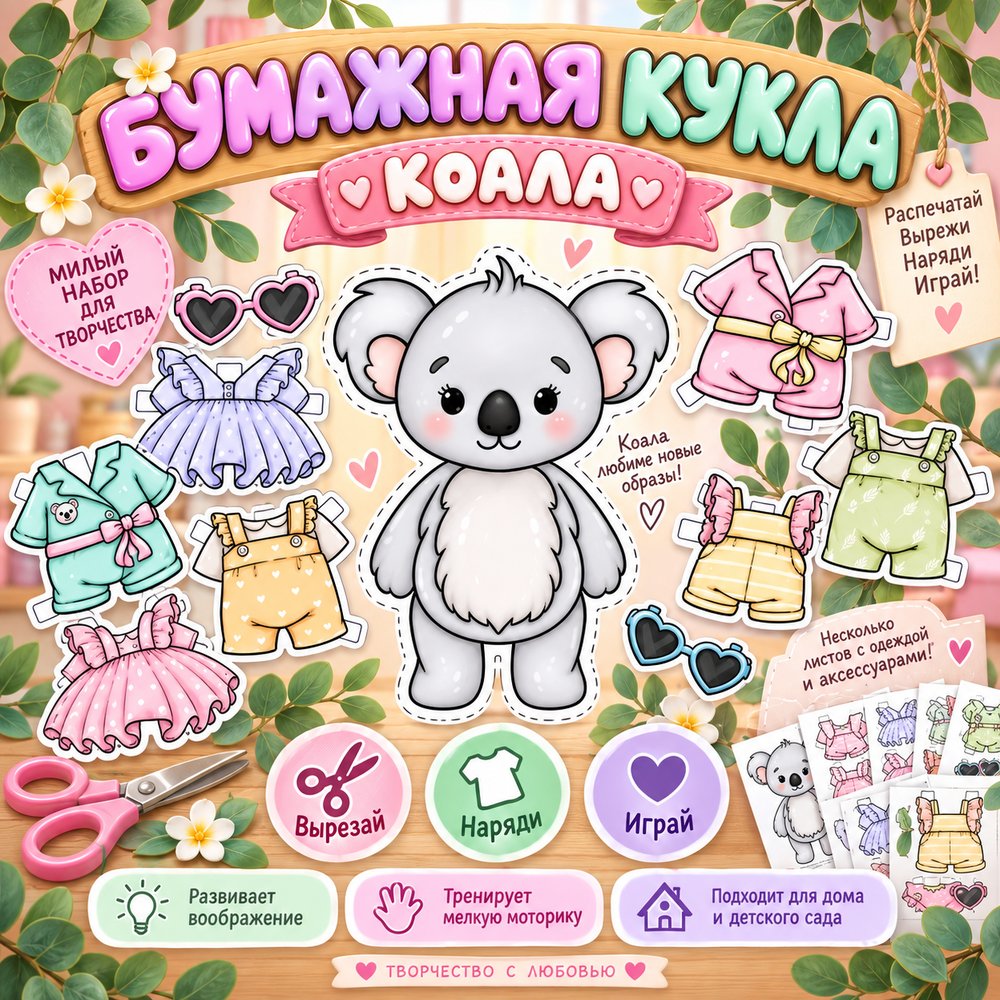 БУМАЖНАЯ КУКЛА КОАЛА — бумажные куклы, одежда, мелкая моторика — для детского сада — Играй и Развивайся