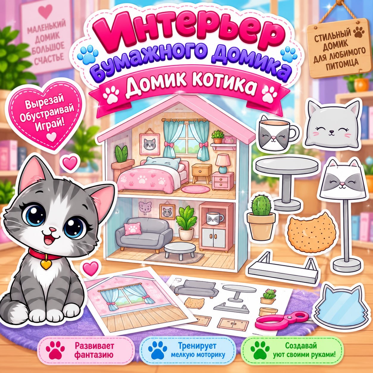 ИНТЕРЬЕР БУМАЖНОГО ДОМИКА. КОМНАТА КОТИКА — бумажные куклы, сюжетно-ролевая игра, мелкая моторика — скачать для детского сада