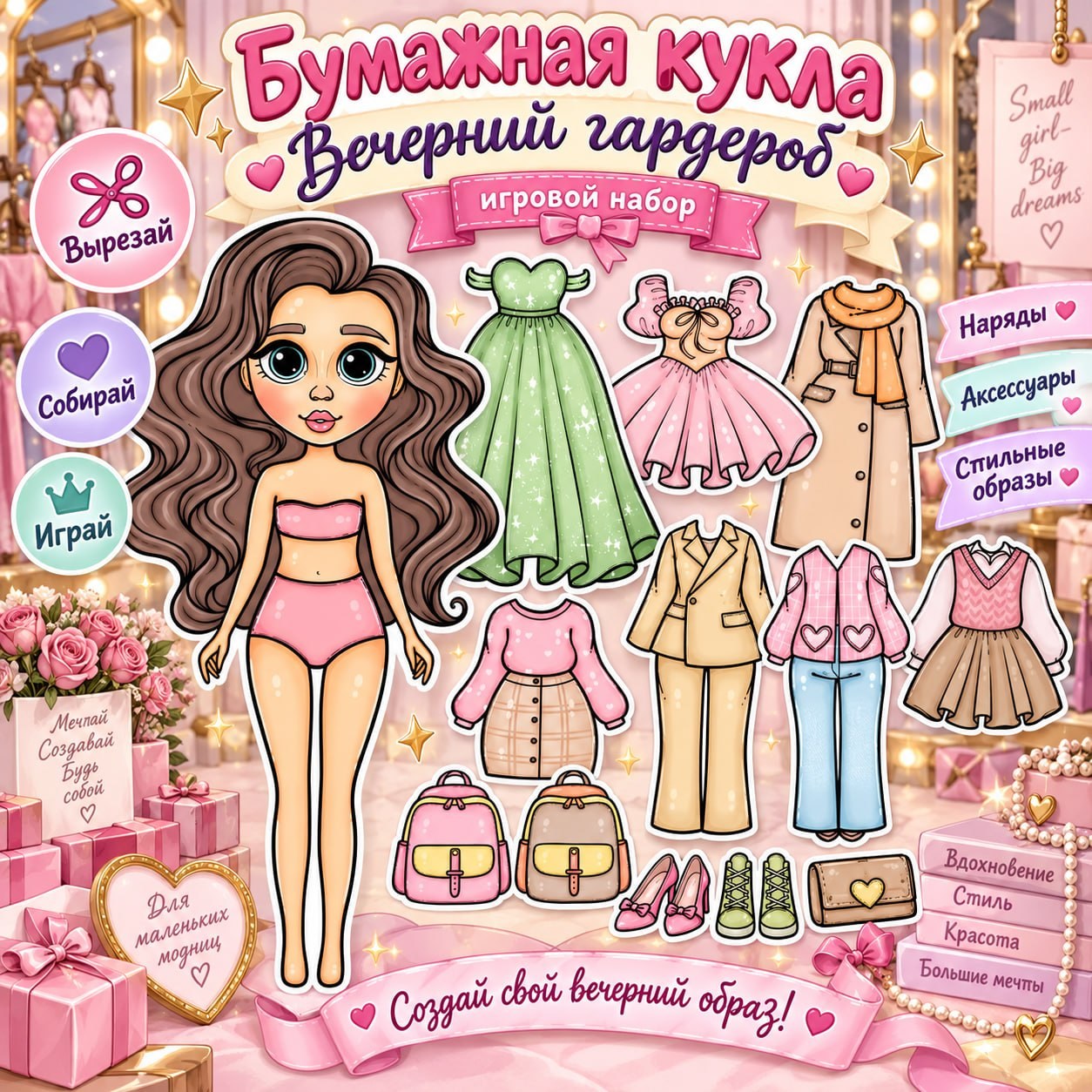 БУМАЖНАЯ КУКЛА ВЕЧЕРНИЙ ГАРДЕРОБ — бумажные куклы, одежда, мелкая моторика — для детского сада — Играй и Развивайся