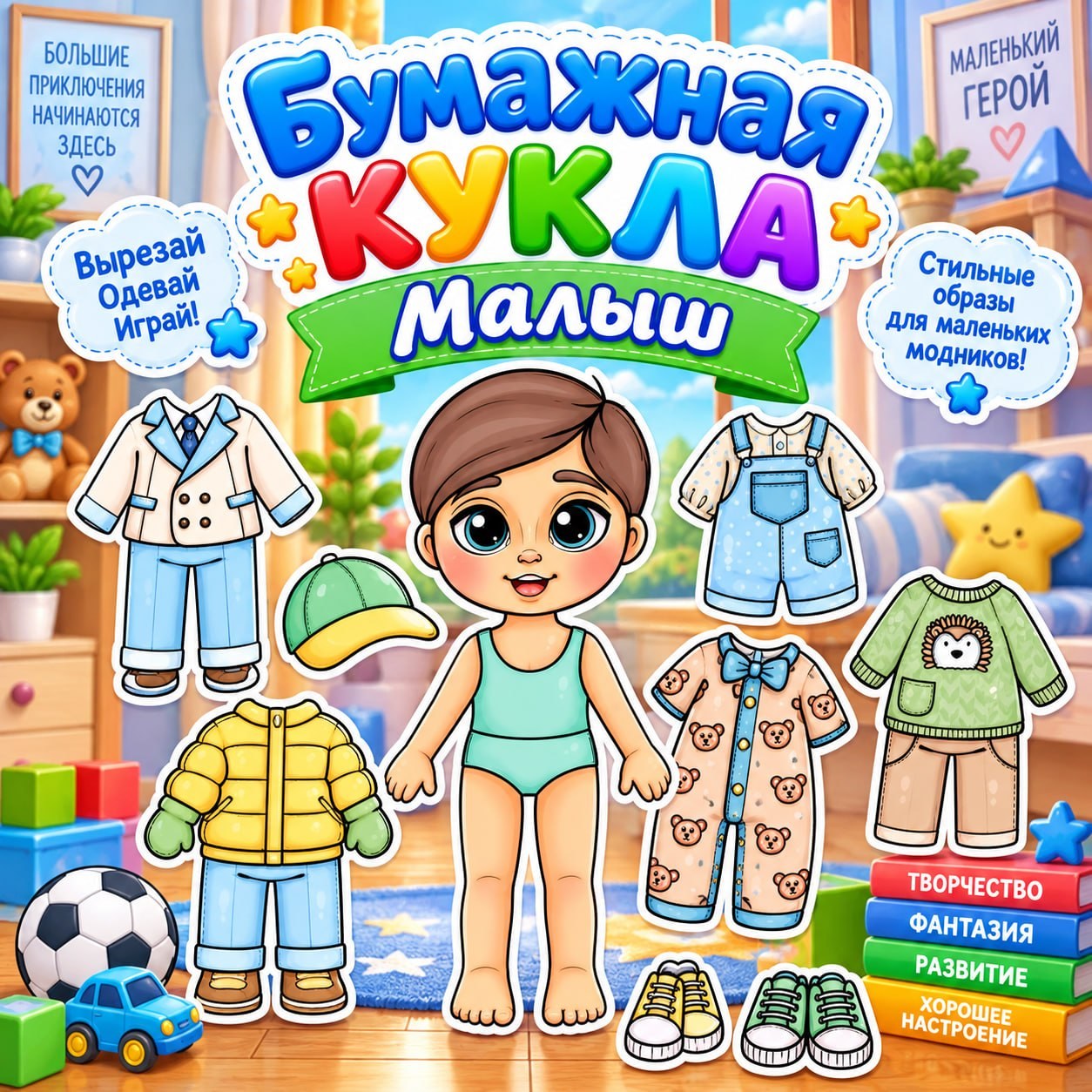 БУМАЖНАЯ КУКЛА МАЛЫШ — бумажные куклы, одежда, мелкая моторика — для детского сада — Играй и Развивайся