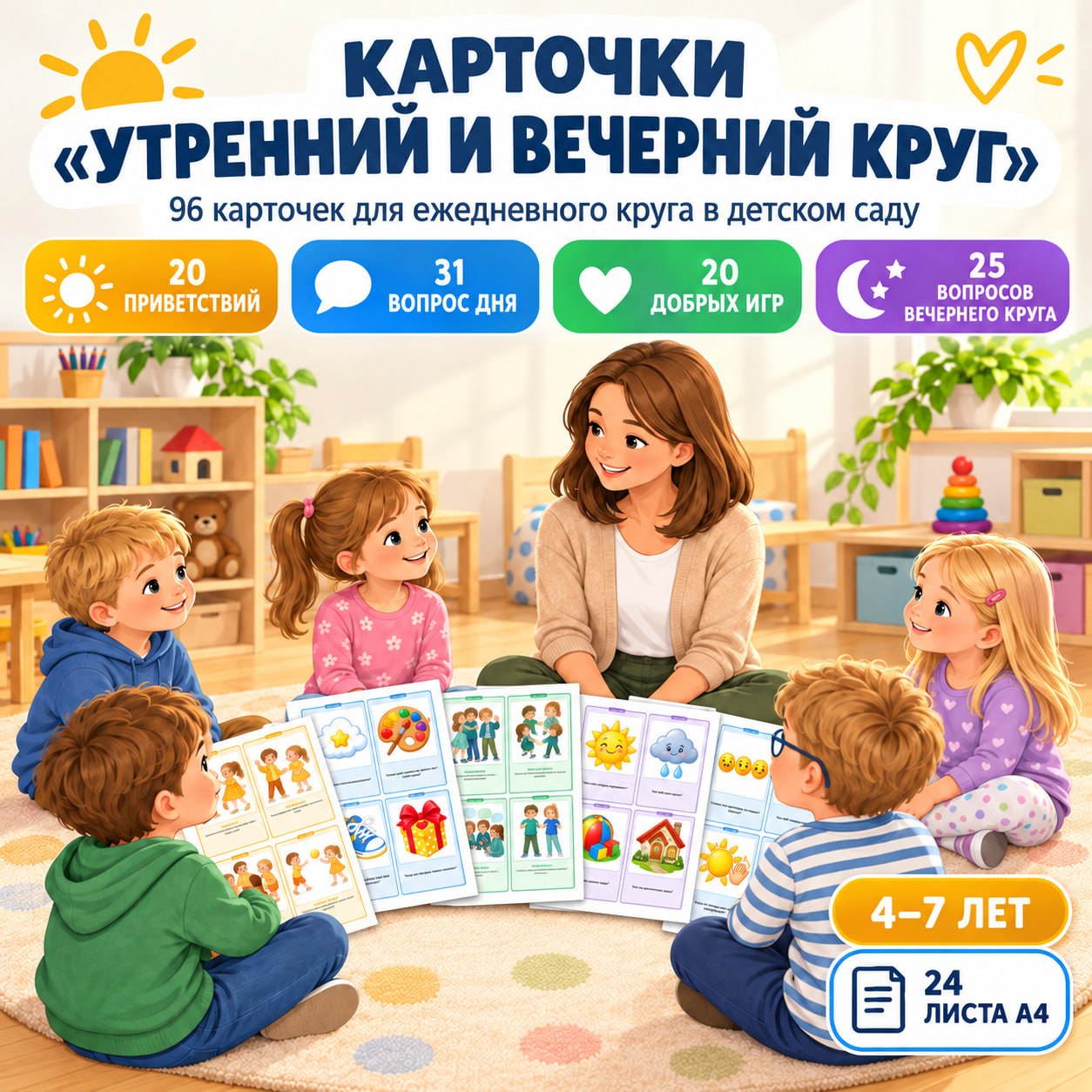 КАРТОЧКИ «УТРЕННИЙ И ВЕЧЕРНИЙ КРУГ» — карточки, общение, эмоции — для детского сада — Играй и Развивайся