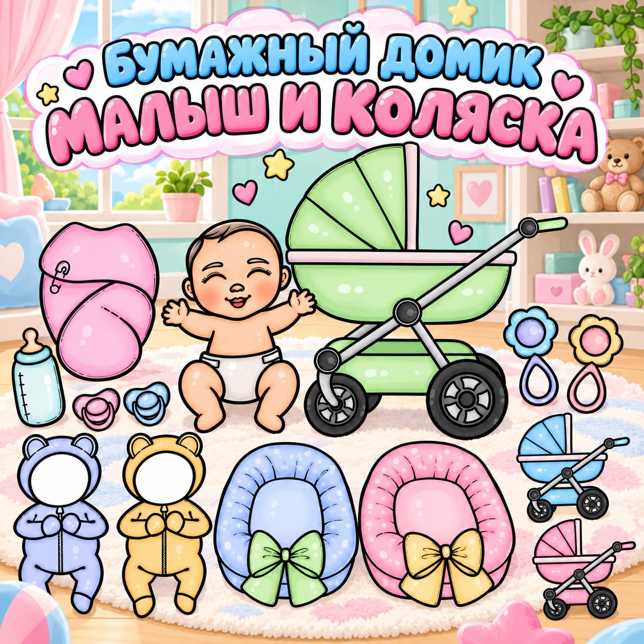 БУМАЖНЫЙ ДОМИК. МАЛЫШ И КОЛЯСКА — бумажные куклы, сюжетно-ролевая игра, вырезание — для детского сада — Играй и Развивайся