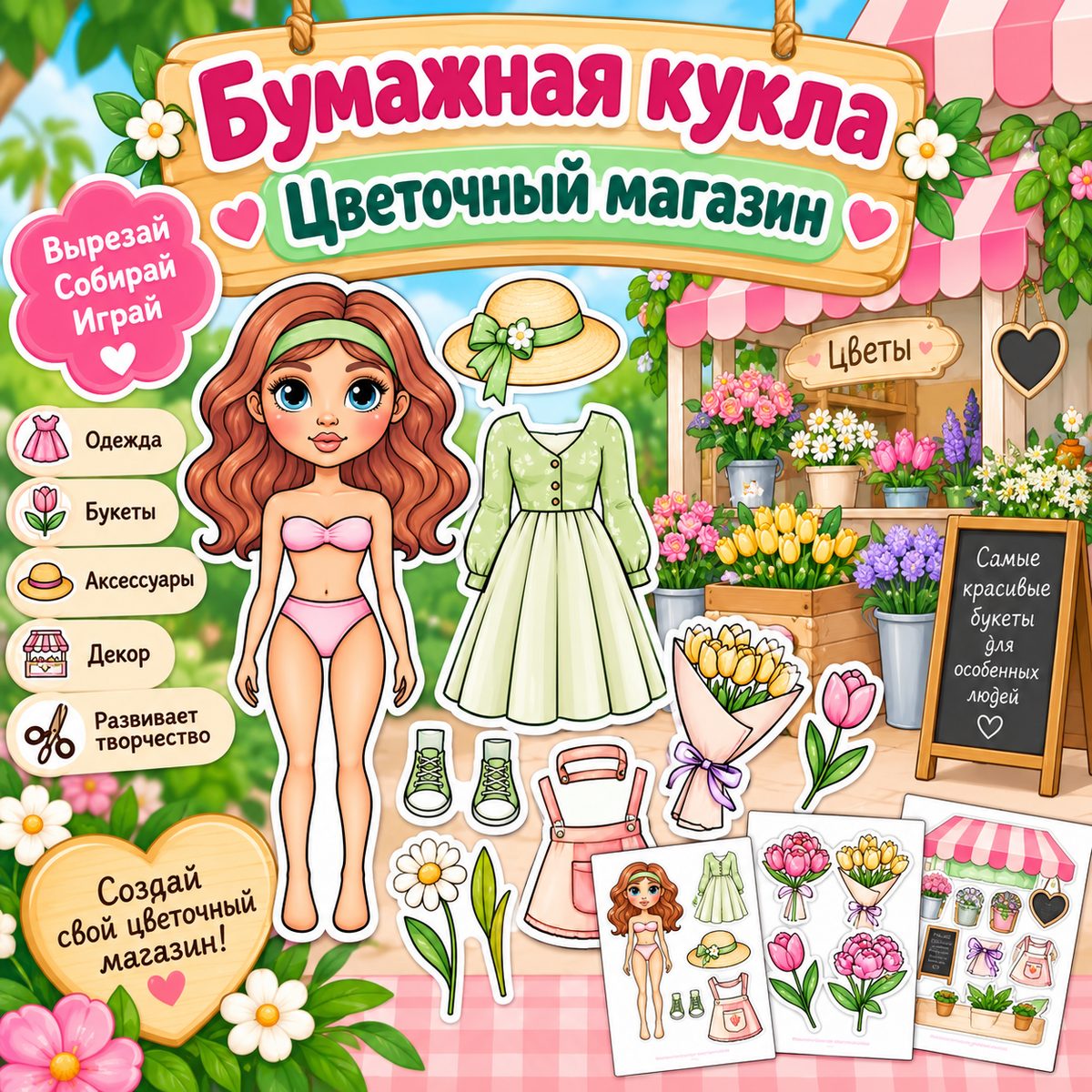 БУМАЖНАЯ КУКЛА ЦВЕТОЧНЫЙ МАГАЗИН — одежда, бумажные куклы, мелкая моторика — для детского сада — Играй и Развивайся