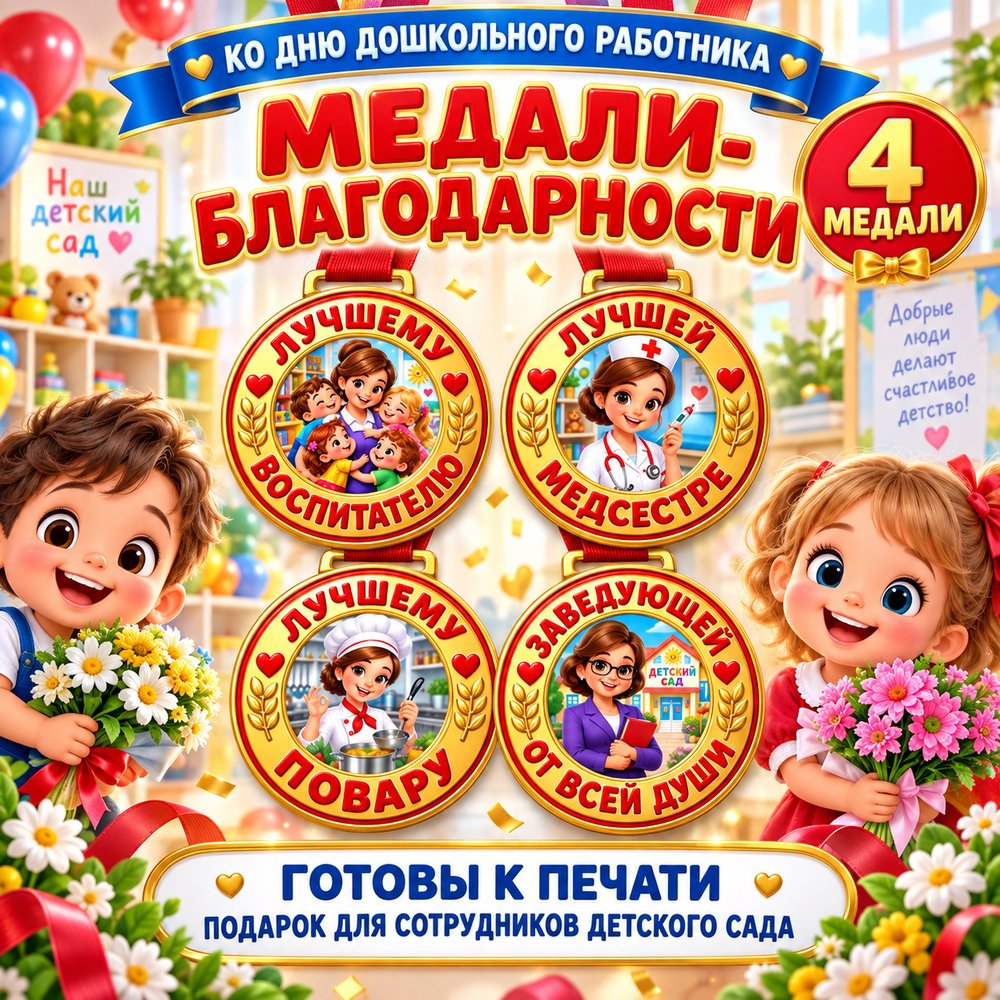МЕДАЛИ КО ДНЮ ДОШКОЛЬНОГО РАБОТНИКА — день воспитателя, медали, подарок — для детского сада — Играй и Развивайся