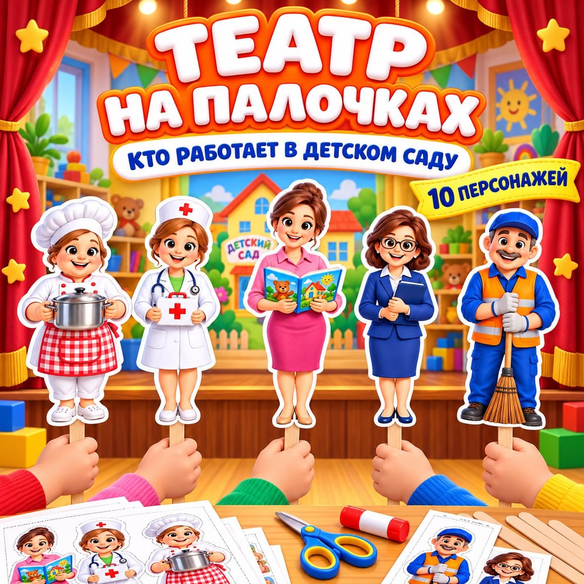 ТЕАТР НА ПАЛОЧКАХ КТО РАБОТАЕТ В ДЕТСКОМ САДУ — театр, профессии, детский сад — для детского сада — Играй и Развивайся