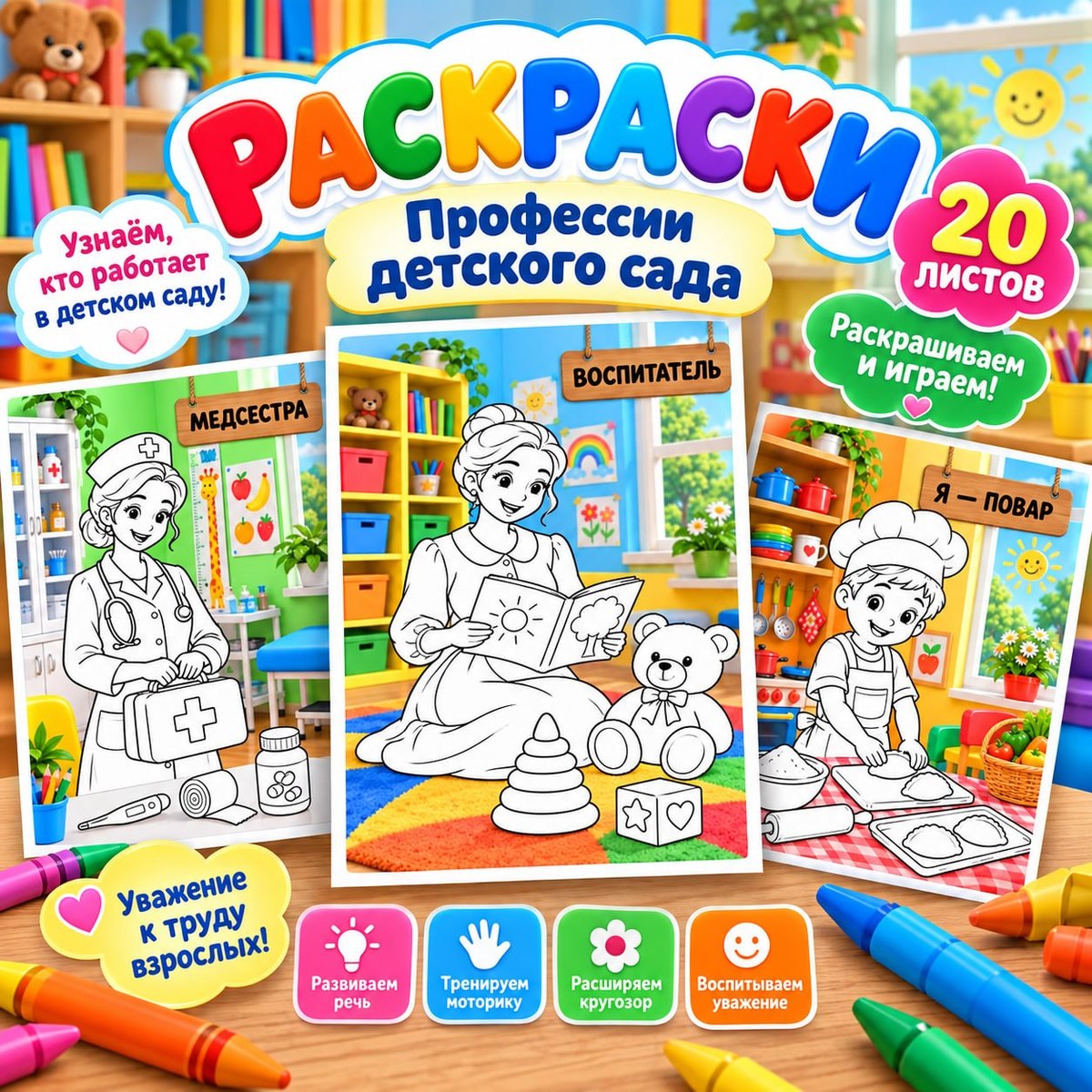 РАСКРАСКИ ПРОФЕССИИ ДЕТСКОГО САДА — раскраски, профессии, детский сад — для детского сада — Играй и Развивайся
