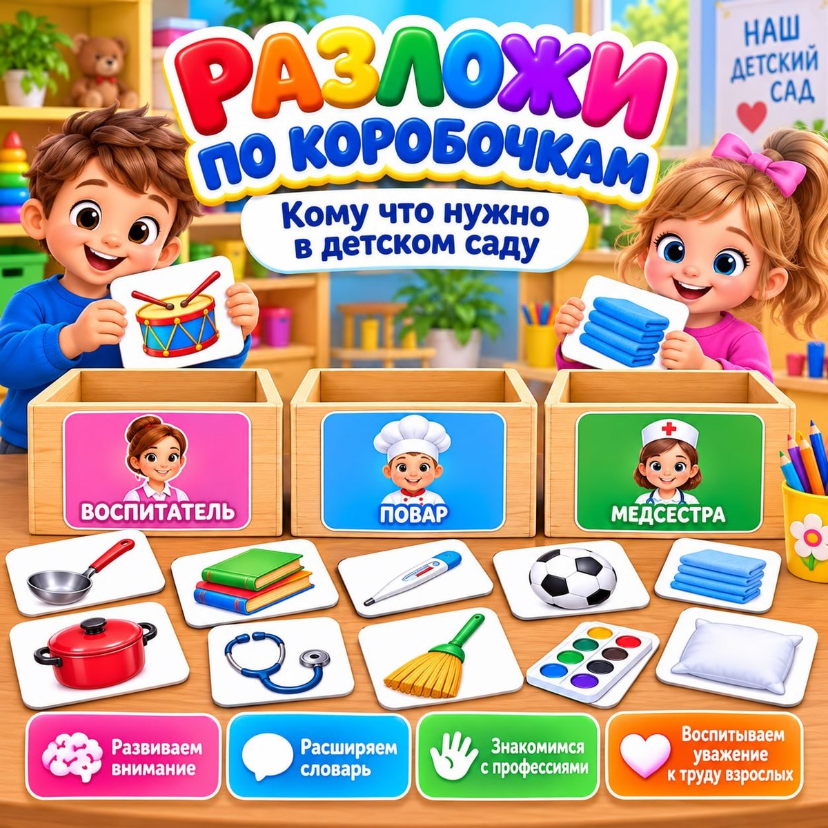 СОРТЕР ПРОФЕССИИ ДЕТСКОГО САДА — дидактические игры, профессии, детский сад — для детского сада — Играй и Развивайся