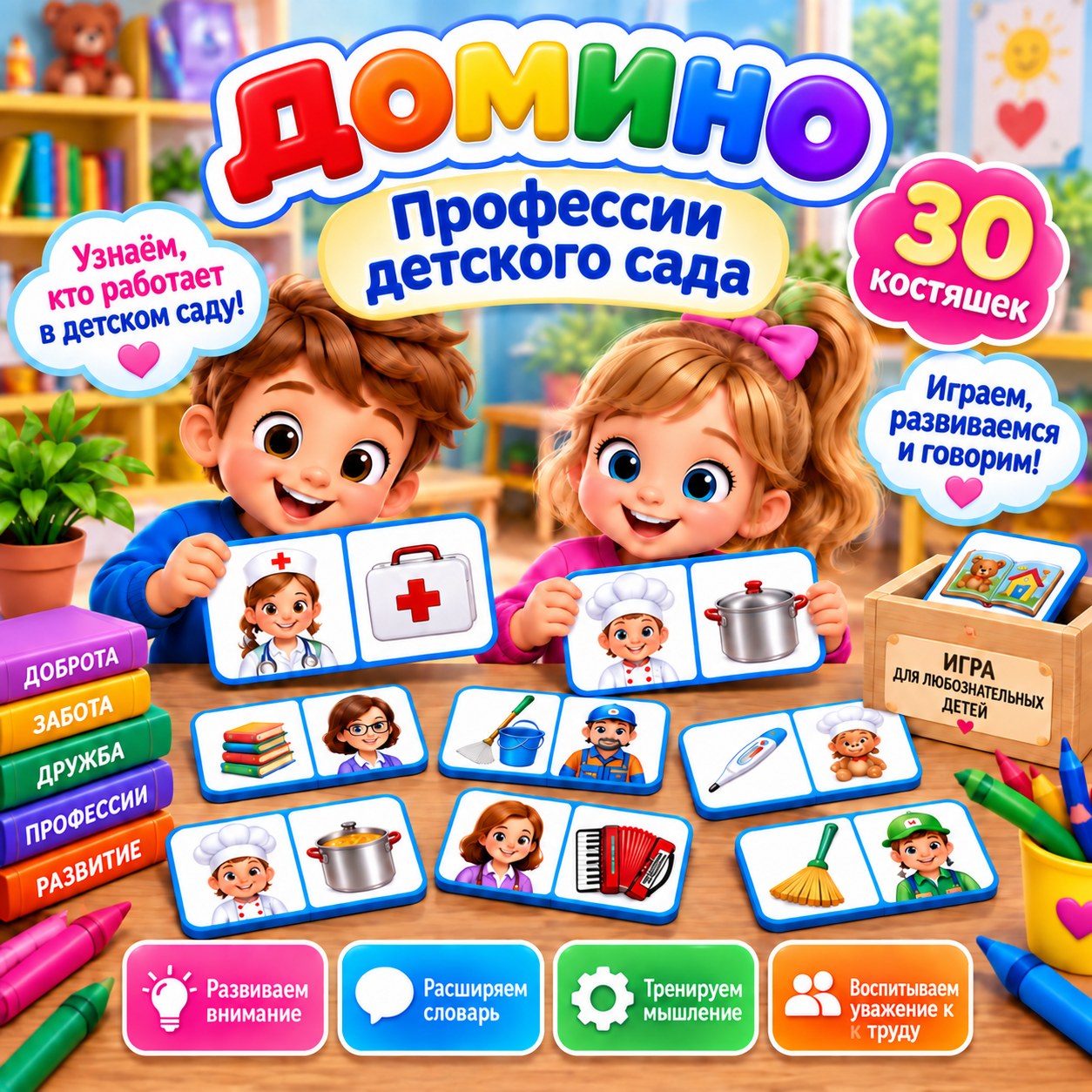 ДОМИНО ПРОФЕССИИ ДЕТСКОГО САДА — домино, дидактические игры, профессии — для детского сада — Играй и Развивайся
