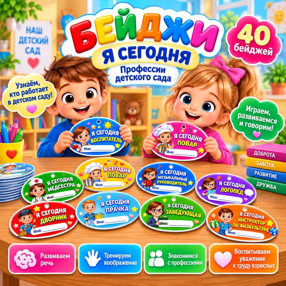 БЕЙДЖИ Я СЕГОДНЯ ПРОФЕССИИ ДЕТСКОГО САДА — профессии, детский сад, дидактические игры — скачать для детского сада