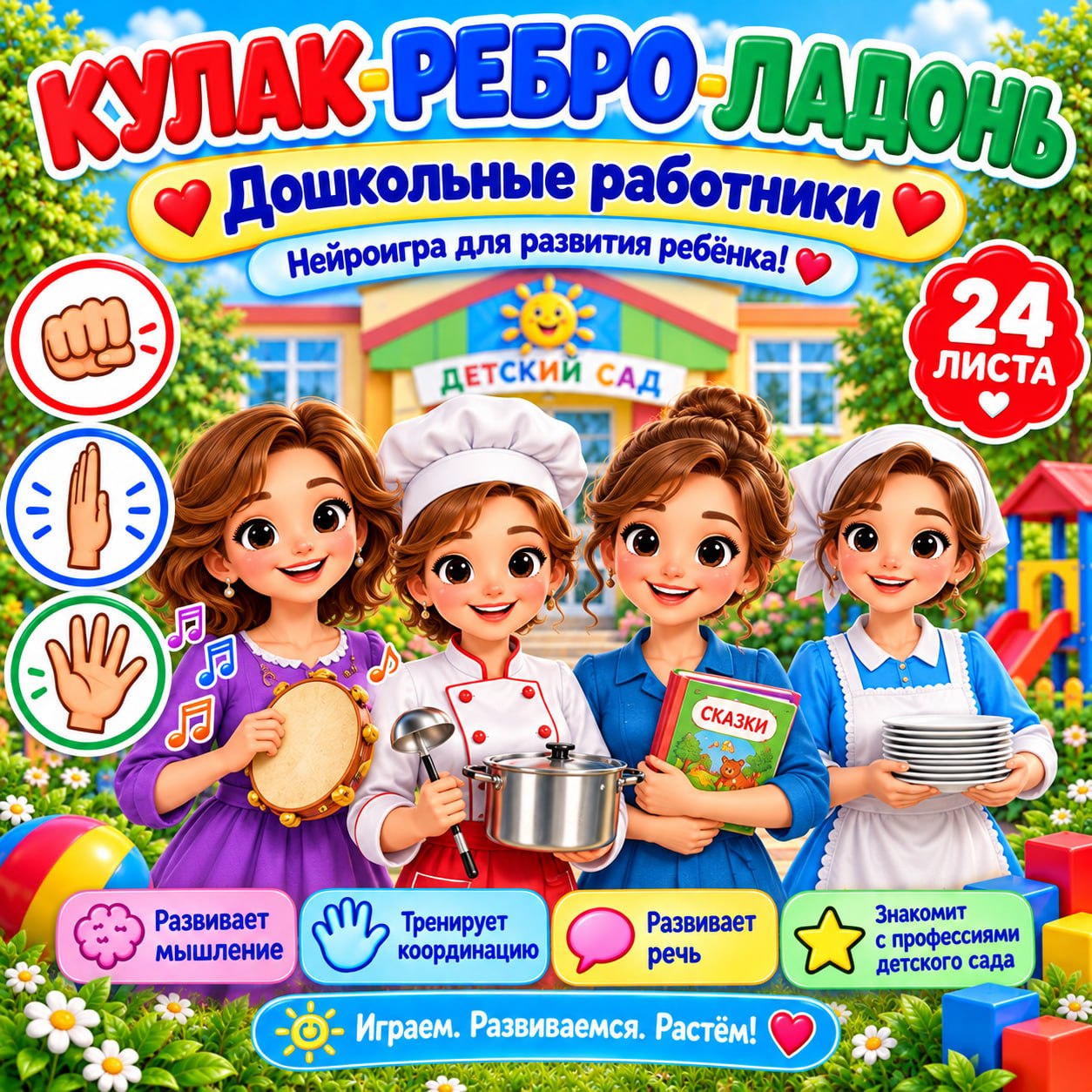 КУЛАК — РЕБРО — ЛАДОНЬ. ДОШКОЛЬНЫЕ РАБОТНИКИ — нейрогимнастика, профессии, детский сад — скачать для детского сада