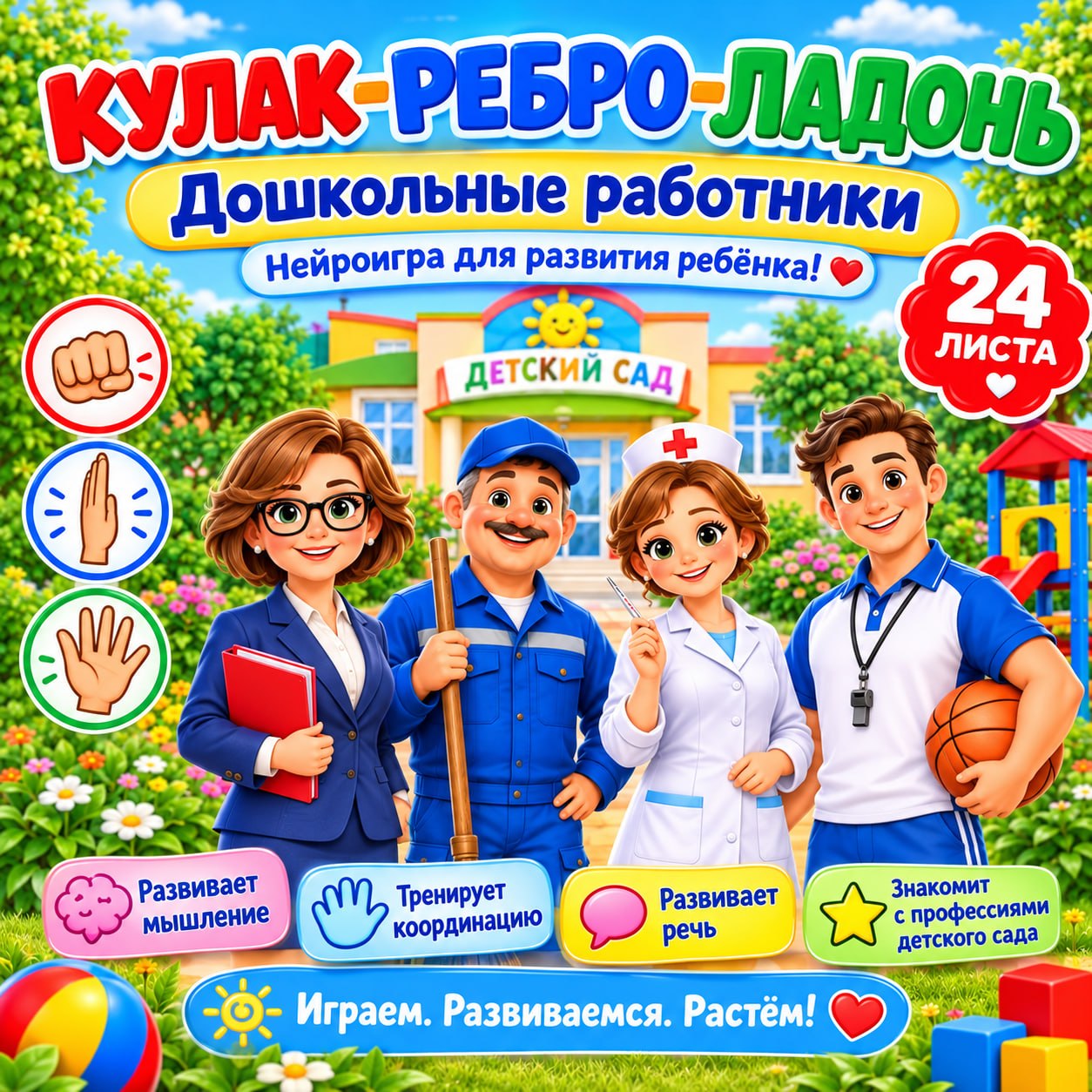 КУЛАК — РЕБРО — ЛАДОНЬ. ДОШКОЛЬНЫЕ РАБОТНИКИ 2 — нейрогимнастика, профессии, детский сад — для детского сада — Играй и Раз...