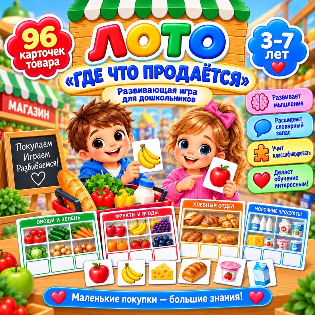ЛОТО ГДЕ ЧТО ПРОДАЁТСЯ — лото, дидактическая игра, липучки — для детского сада — Играй и Развивайся