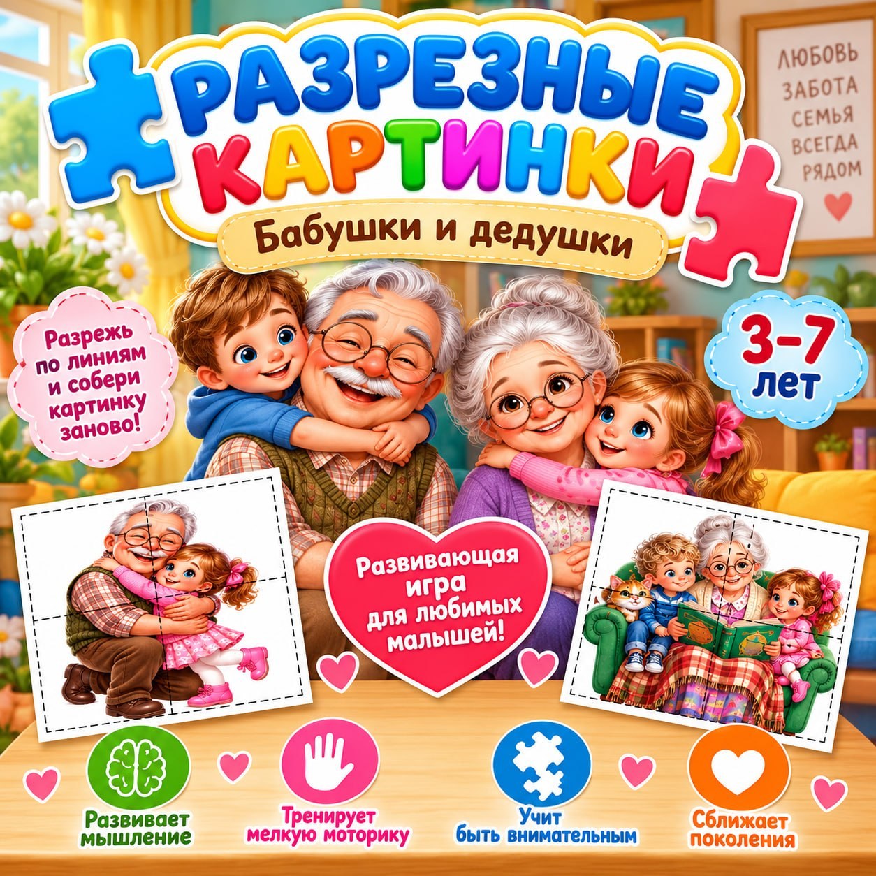 РАЗРЕЗНЫЕ КАРТИНКИ «БАБУШКИ И ДЕДУШКИ» — бабушки и дедушки, день пожилого человека, семья — для детского сада — Играй и Ра...