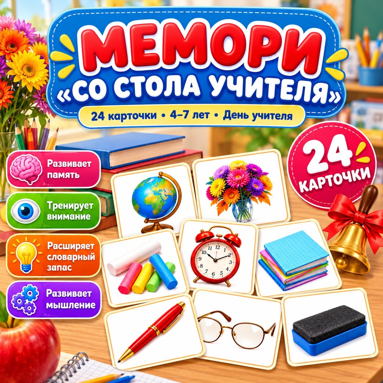 МЕМОРИ «СО СТОЛА УЧИТЕЛЯ» — мемори, школа, день учителя — скачать для детского сада