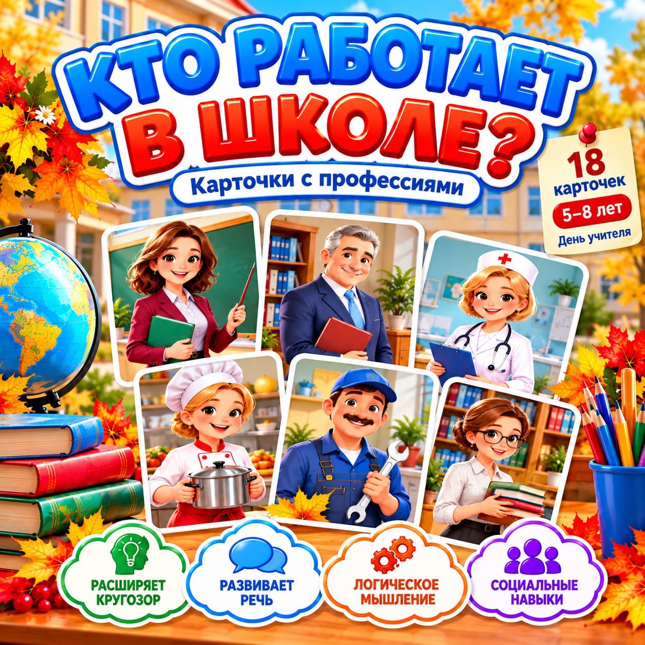 КАРТОЧКИ ПРОФЕССИЙ «КТО РАБОТАЕТ В ШКОЛЕ?» — профессии, школа, день учителя — скачать для детского сада