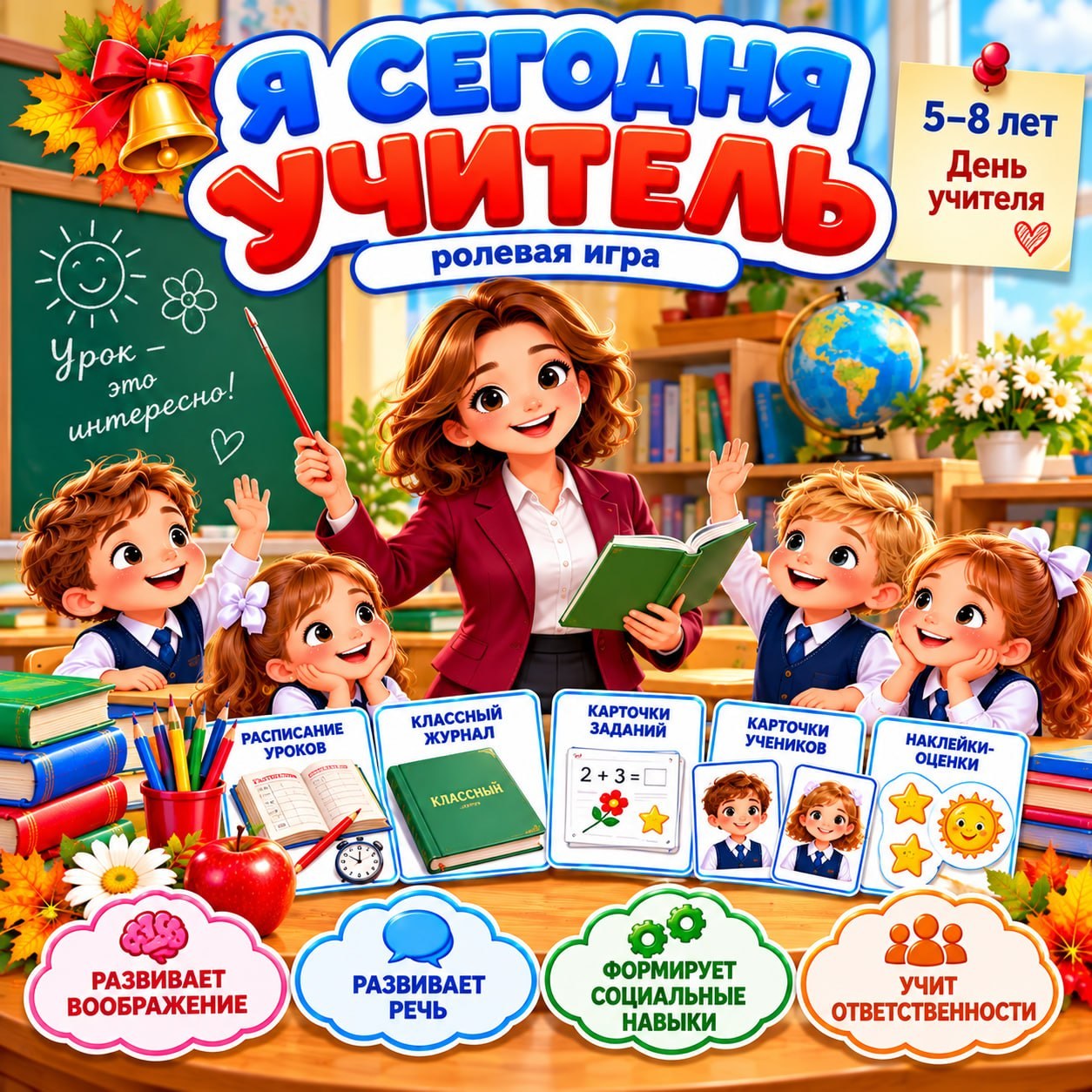 РОЛЕВАЯ ИГРА «Я СЕГОДНЯ УЧИТЕЛЬ» — сюжетно-ролевая игра, школа, день учителя — скачать для детского сада