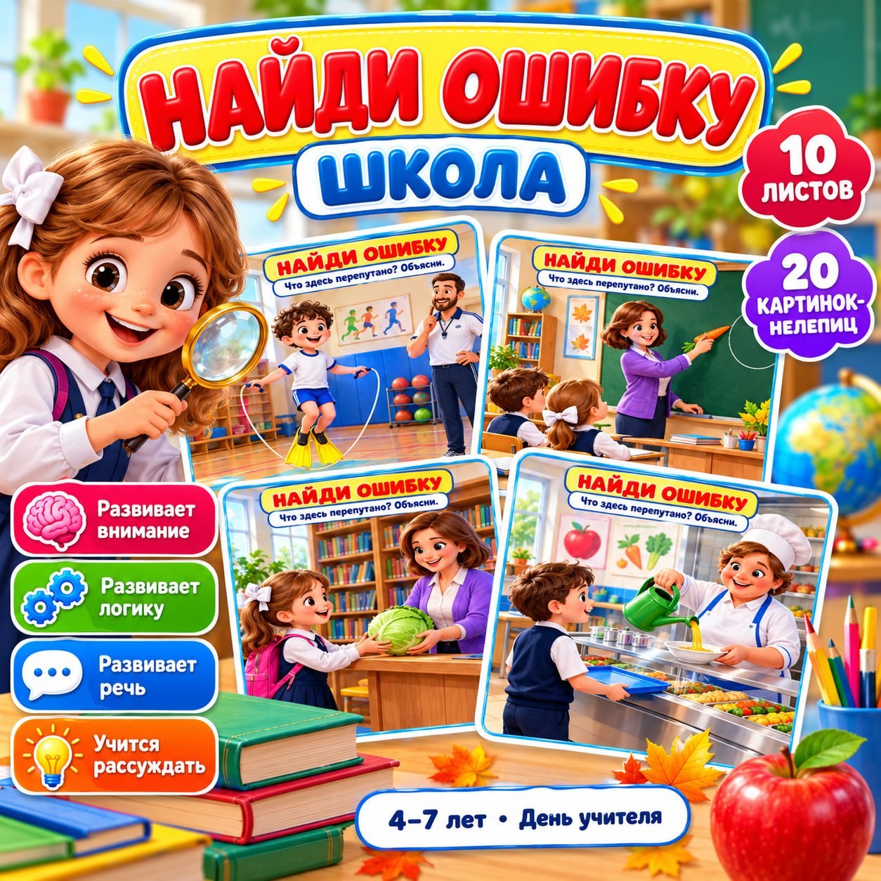 НАЙДИ ОШИБКУ ШКОЛА — школа, день учителя, внимание — для детского сада — Играй и Развивайся