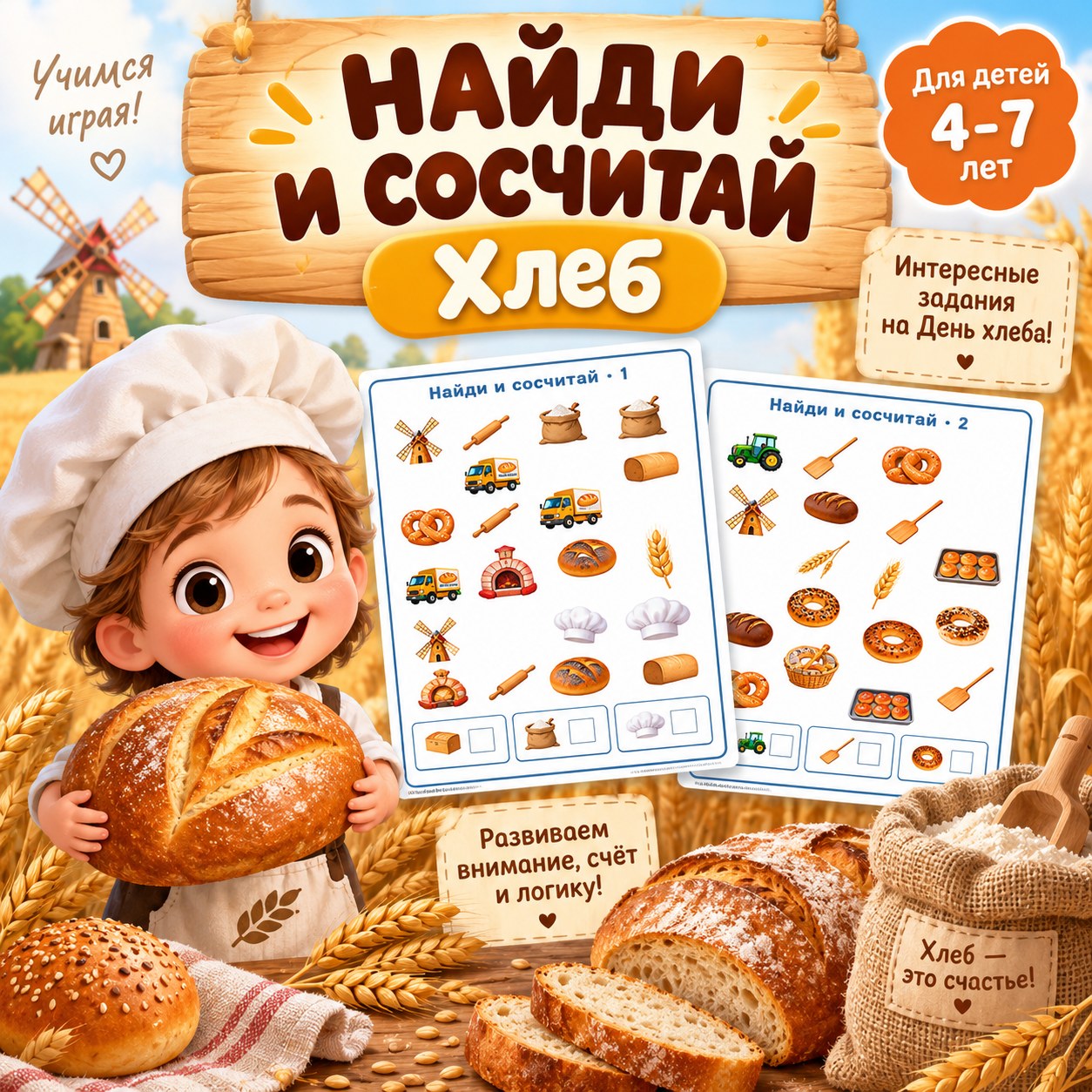 НАЙДИ И СОСЧИТАЙ. ДЕНЬ ХЛЕБА — день хлеба, хлеб, счет — для детского сада — Играй и Развивайся