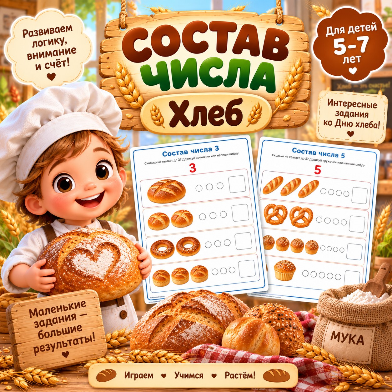 СОСТАВ ЧИСЛА. ДЕНЬ ХЛЕБА — день хлеба, хлеб, состав числа — скачать для детского сада