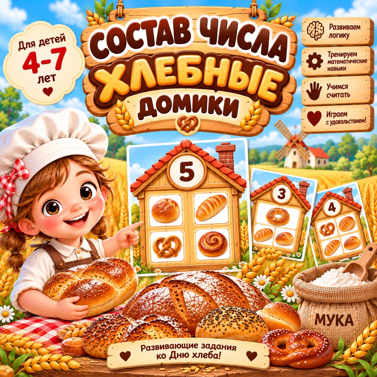ХЛЕБНЫЕ ДОМИКИ. СОСТАВ ЧИСЛА. ДЕНЬ ХЛЕБА — день хлеба, хлеб, состав числа — для детского сада — Играй и Развивайся