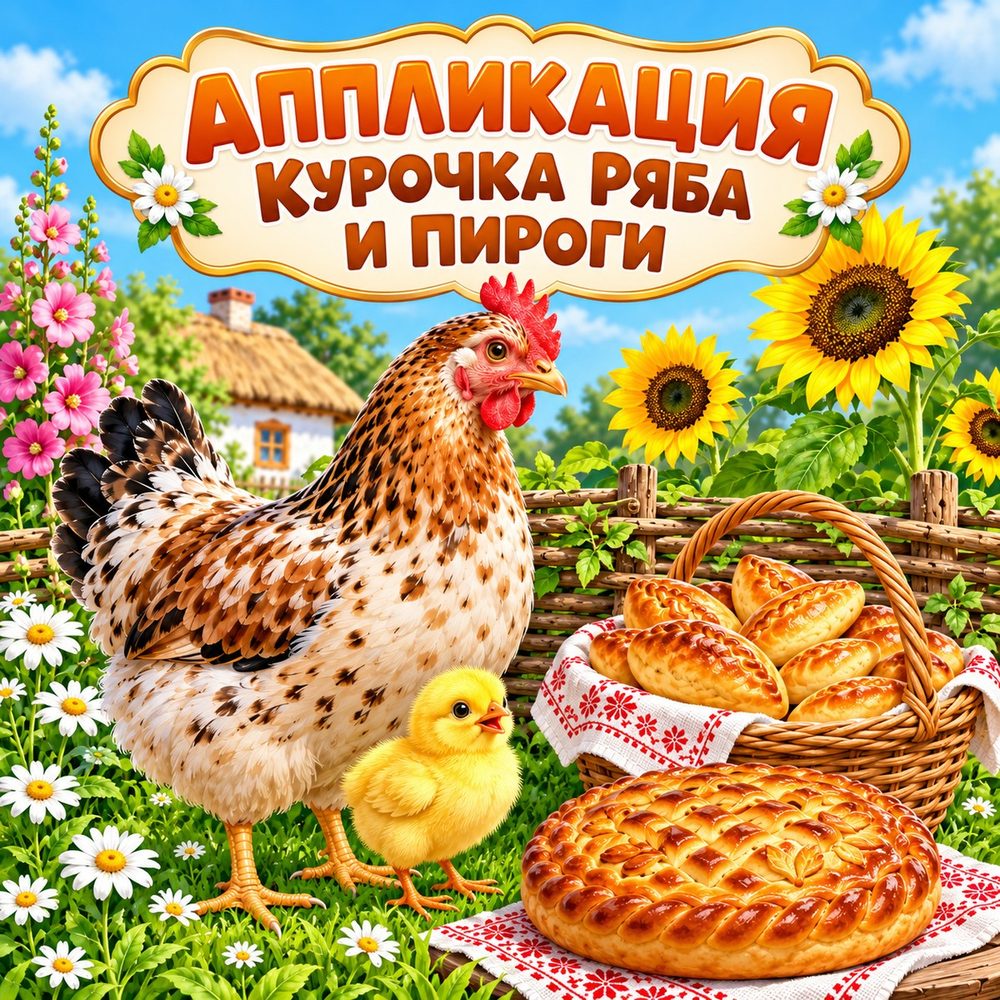 АППЛИКАЦИЯ «КУРОЧКА РЯБА И ПИРОГИ» — день хлеба, хлеб, аппликации — скачать для детского сада
