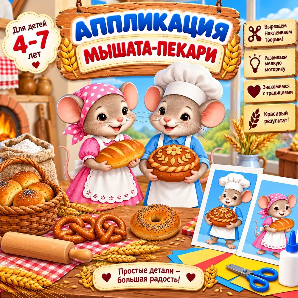 АППЛИКАЦИЯ «МЫШАТА-ПЕКАРИ» — день хлеба, хлеб, аппликации — скачать для детского сада