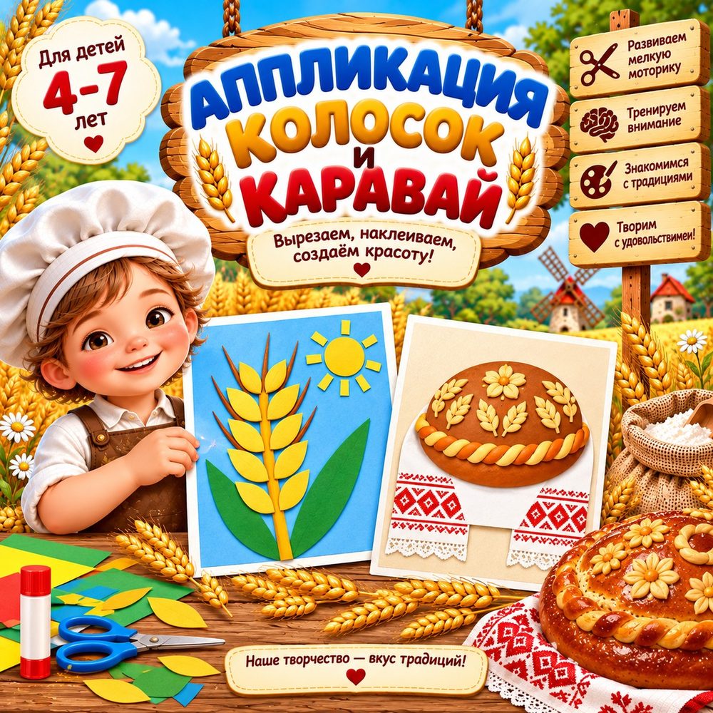 АППЛИКАЦИЯ «КОЛОСОК» И «КАРАВАЙ НА РУШНИКЕ» — день хлеба, хлеб, аппликации — скачать для детского сада