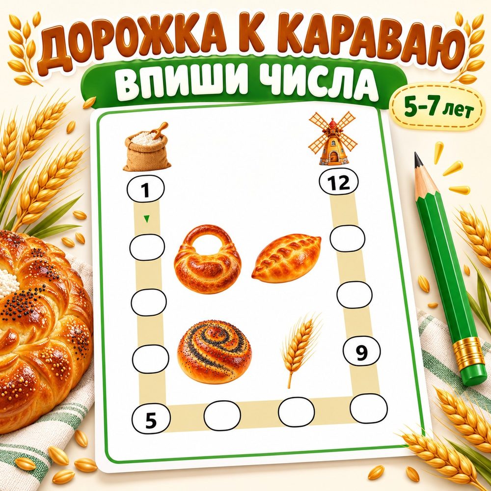 ДОРОЖКА К КАРАВАЮ. ВПИШИ ЧИСЛА — день хлеба, хлеб, математика — скачать для детского сада