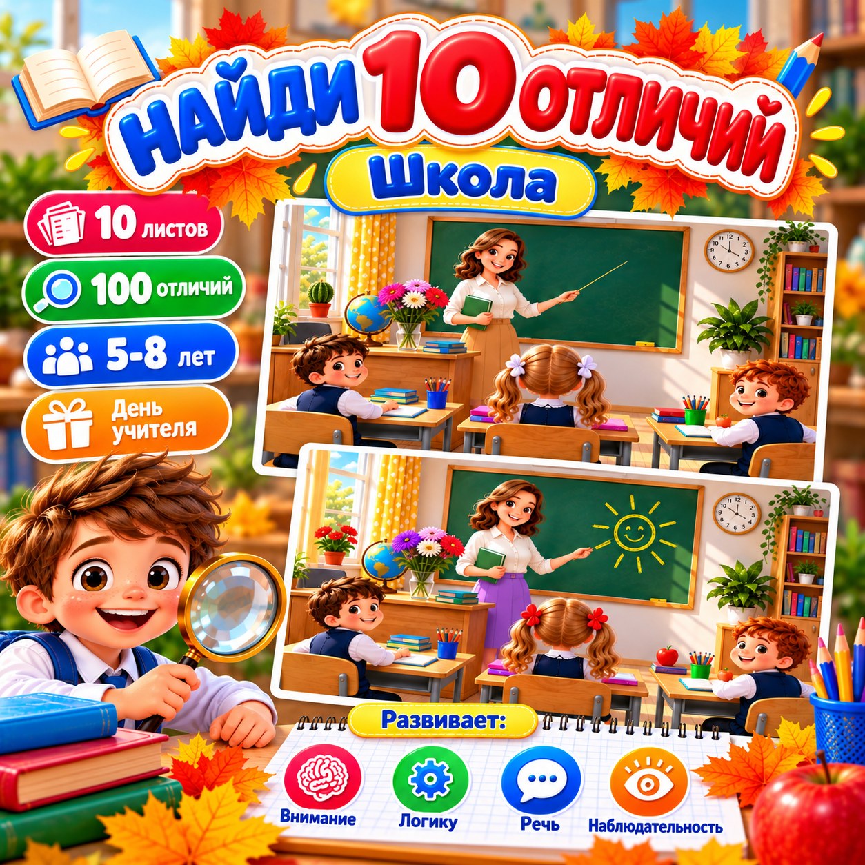 НАЙДИ 10 ОТЛИЧИЙ. ШКОЛА — день учителя, школа, внимание — скачать для детского сада
