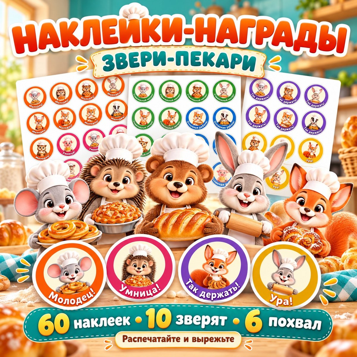 НАКЛЕЙКИ-НАГРАДЫ ЗВЕРИ-ПЕКАРИ — день хлеба, хлеб, медали — скачать для детского сада