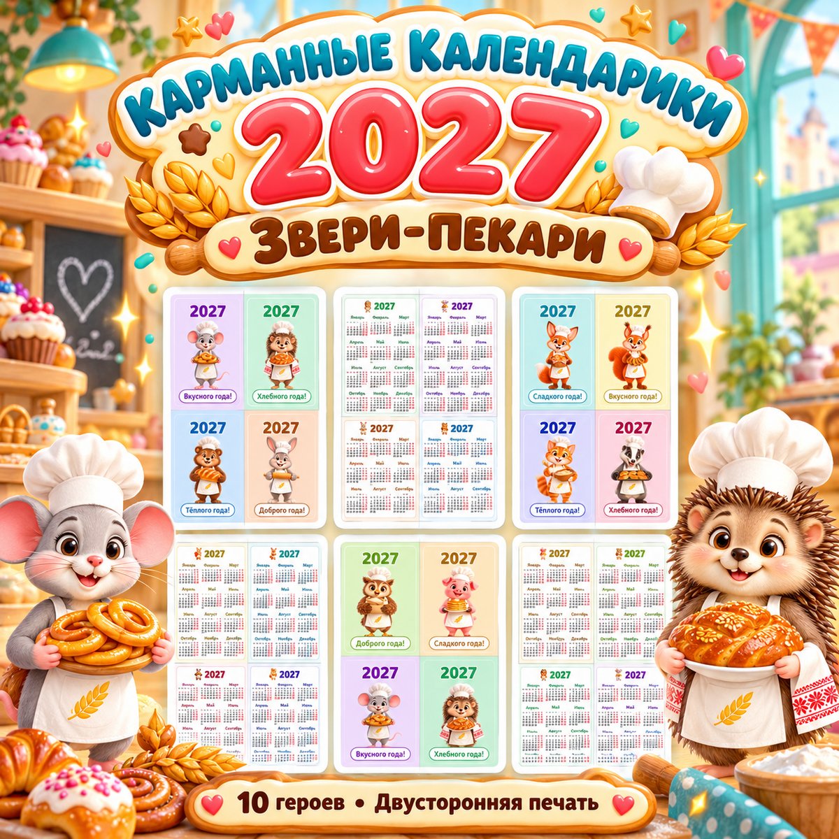 КАРМАННЫЕ КАЛЕНДАРИКИ 2027 ЗВЕРИ-ПЕКАРИ — день хлеба, хлеб, животные — скачать для детского сада