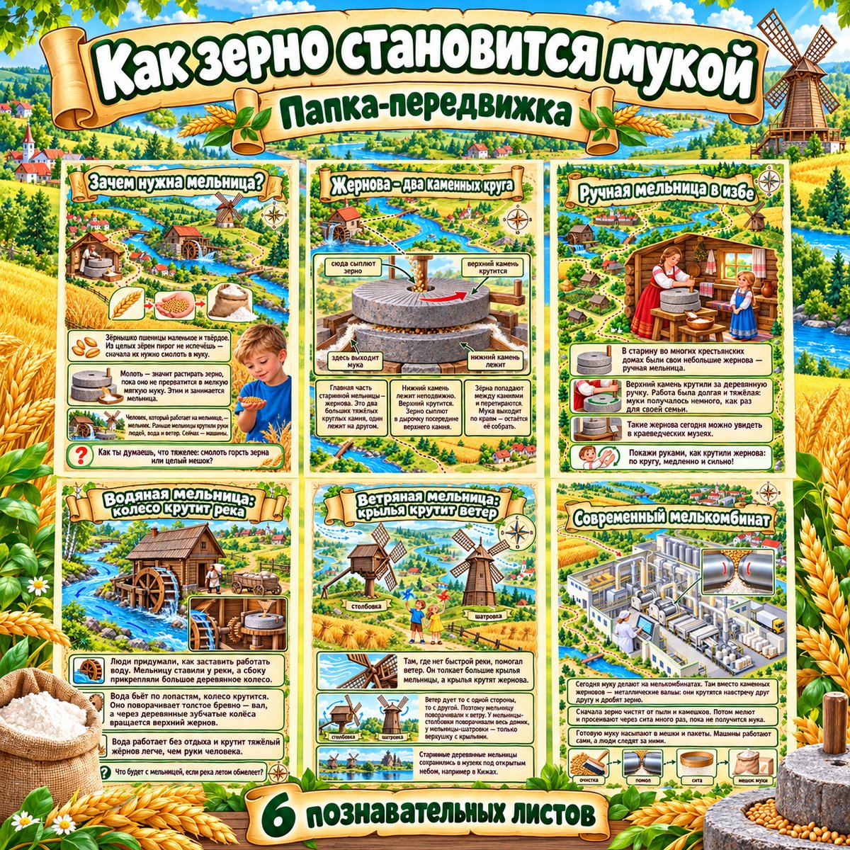 ПАПКА-ПЕРЕДВИЖКА МЕЛЬНИЦЫ РУЧНЫЕ, ВОДЯНЫЕ, ВЕТРЯНЫЕ И СОВРЕМЕННЫЕ — день хлеба, хлеб, папка передвижка — скачать для детского сада
