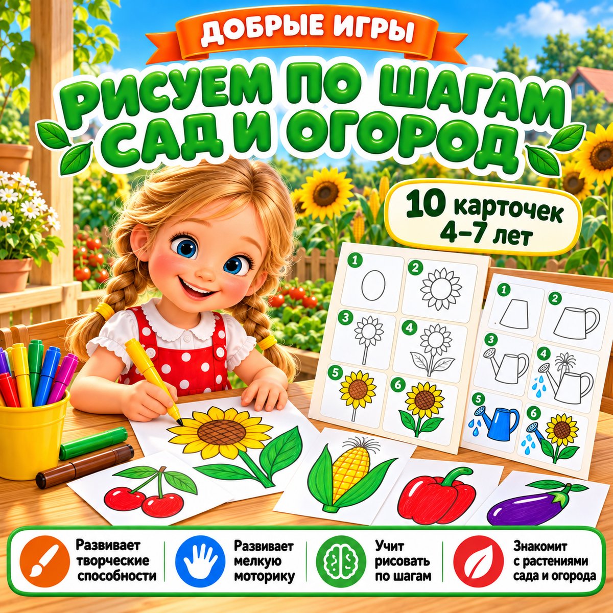 РИСУЕМ ПО ШАГАМ САД И ОГОРОД — овощи, фрукты, ягоды — скачать для детского сада