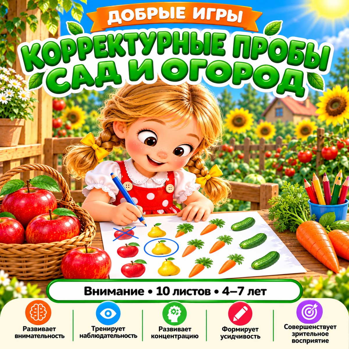 КОРРЕКТУРНЫЕ ПРОБЫ САД И ОГОРОД — овощи, фрукты, ягоды — скачать для детского сада
