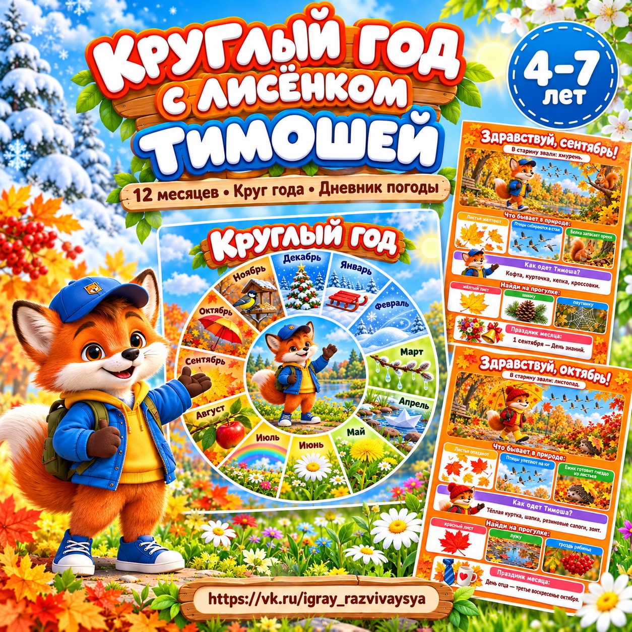 КРУГЛЫЙ ГОД С ЛИСЁНКОМ ТИМОШЕЙ — календарь, времена года, 4-5 лет — скачать для детского сада