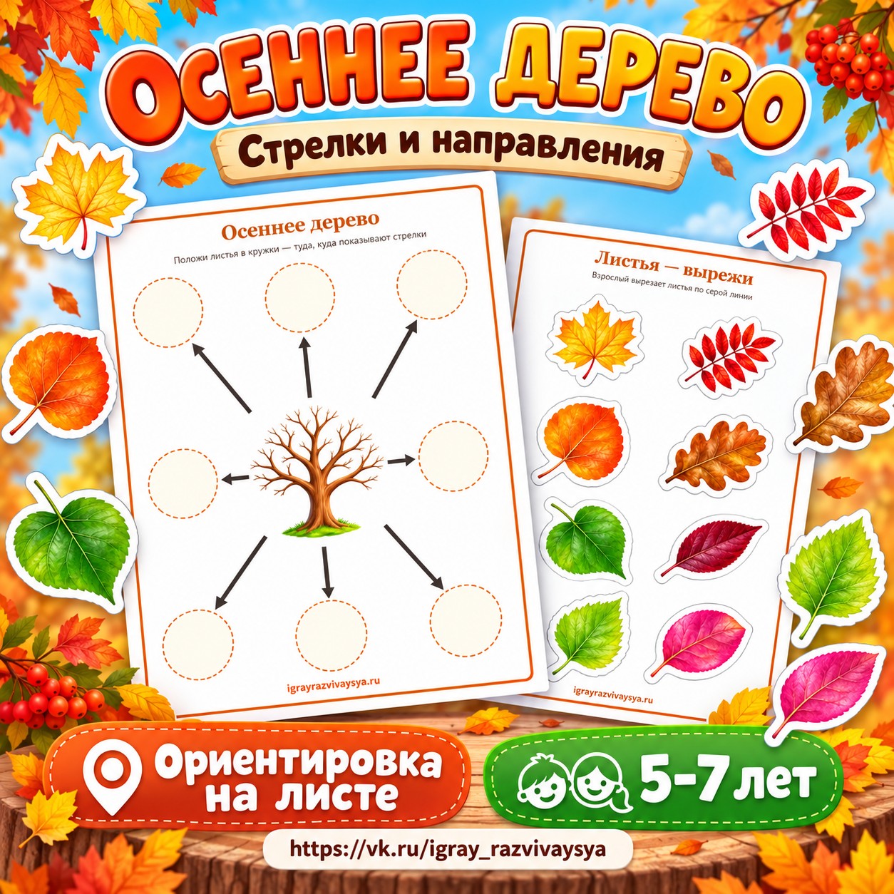 ОСЕННЕЕ ДЕРЕВО — СТРЕЛКИ И НАПРАВЛЕНИЯ — осень, графомоторика, логика — скачать для детского сада