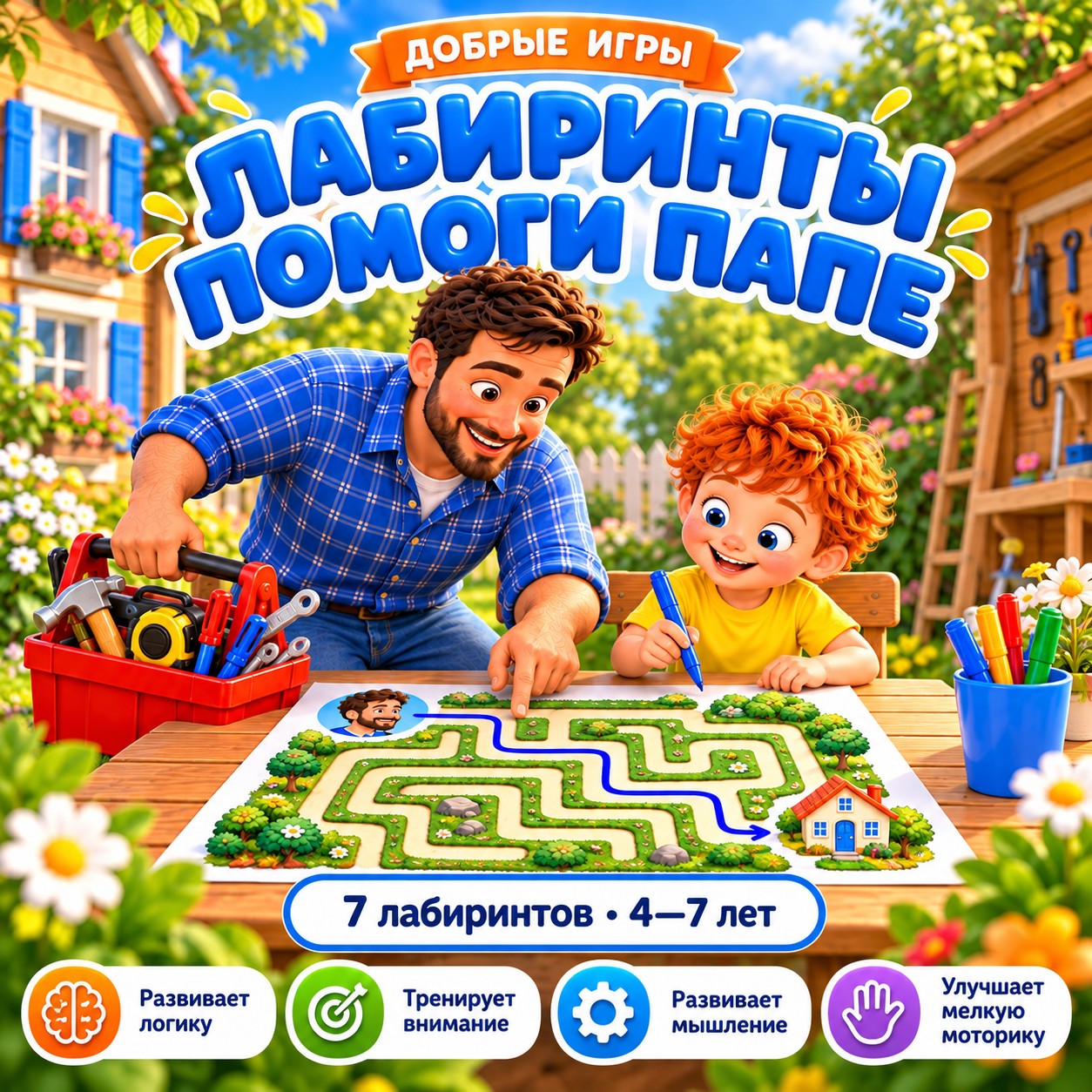 ЛАБИРИНТЫ ПОМОГИ ПАПЕ — день отца, лабиринты, 4-5 лет — скачать для детского сада