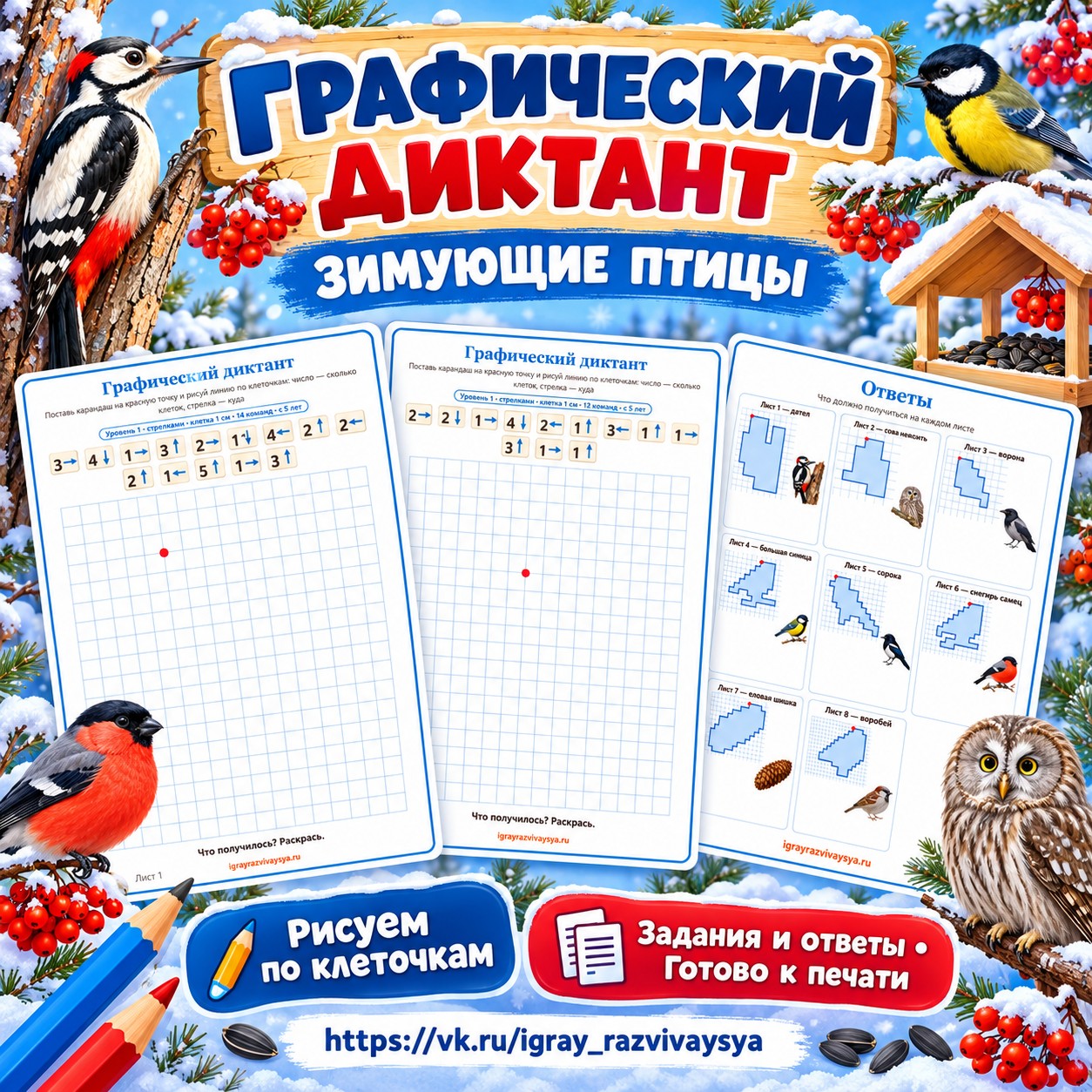 ГРАФИЧЕСКИЙ ДИКТАНТ ЗИМУЮЩИЕ ПТИЦЫ — зима, зимующие птицы, птицы — скачать для детского сада