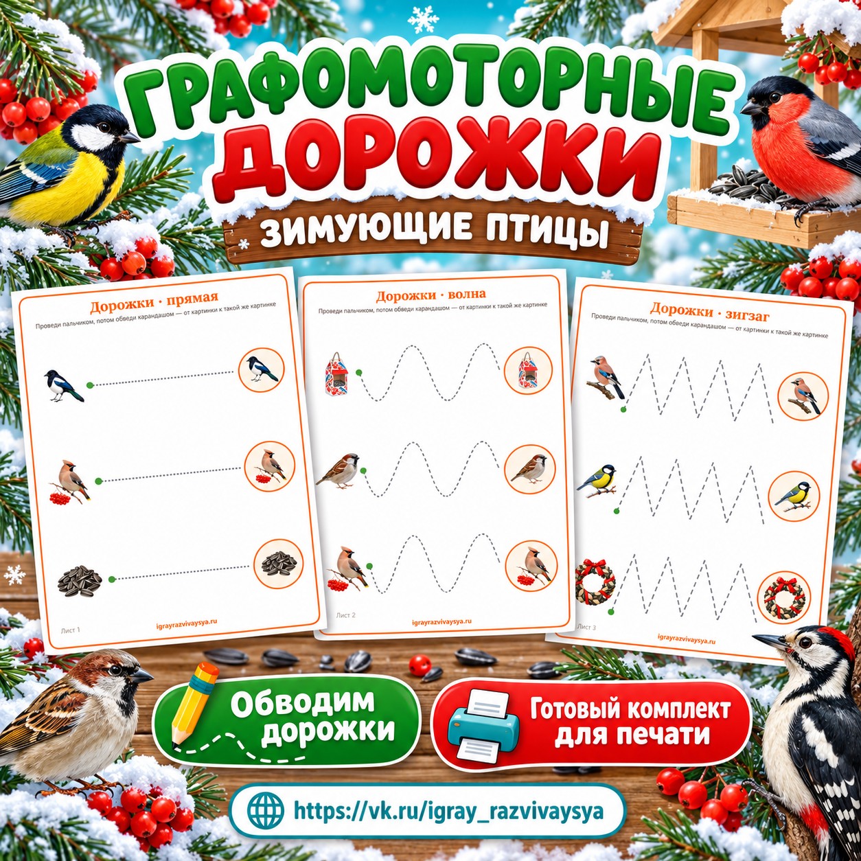 ГРАФОМОТОРНЫЕ ДОРОЖКИ ЗИМУЮЩИЕ ПТИЦЫ — зима, зимующие птицы, птицы — скачать для детского сада