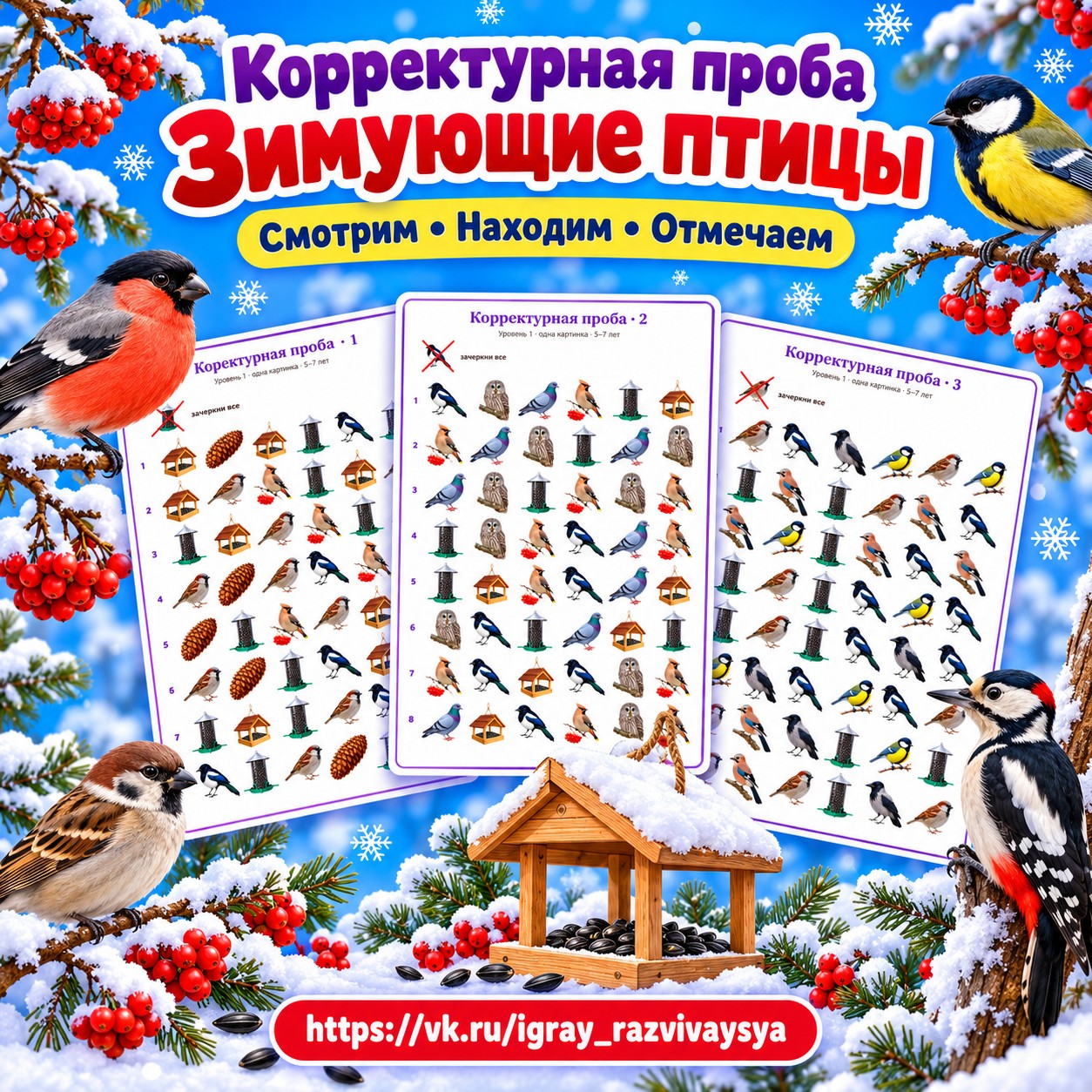 КОРРЕКТУРНАЯ ПРОБА ЗИМУЮЩИЕ ПТИЦЫ — зима, зимующие птицы, птицы — скачать для детского сада