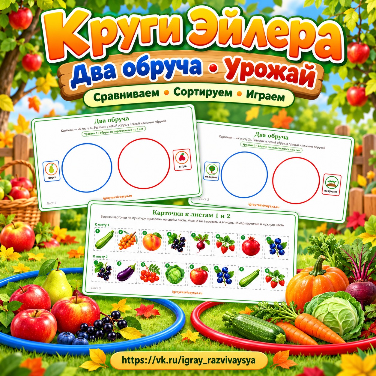 КРУГИ ЭЙЛЕРА ДВА ОБРУЧА УРОЖАЙ — осень, овощи, фрукты — скачать для детского сада