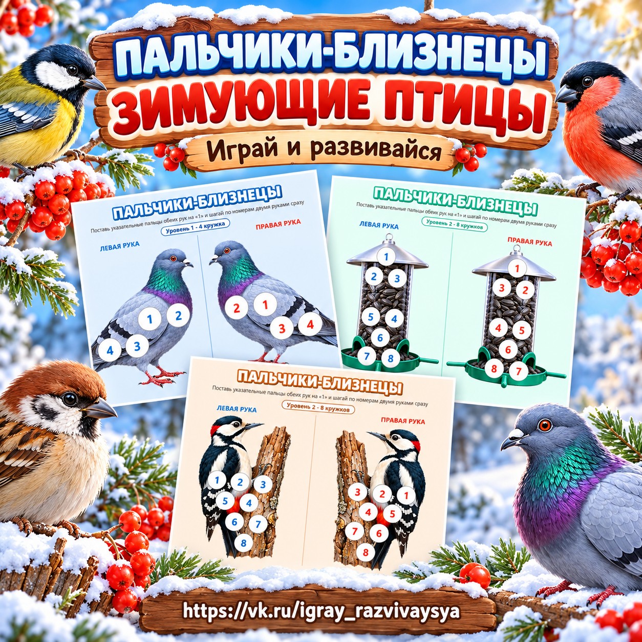 ПАЛЬЧИКИ-БЛИЗНЕЦЫ ЗИМУЮЩИЕ ПТИЦЫ — зима, зимующие птицы, птицы — скачать для детского сада