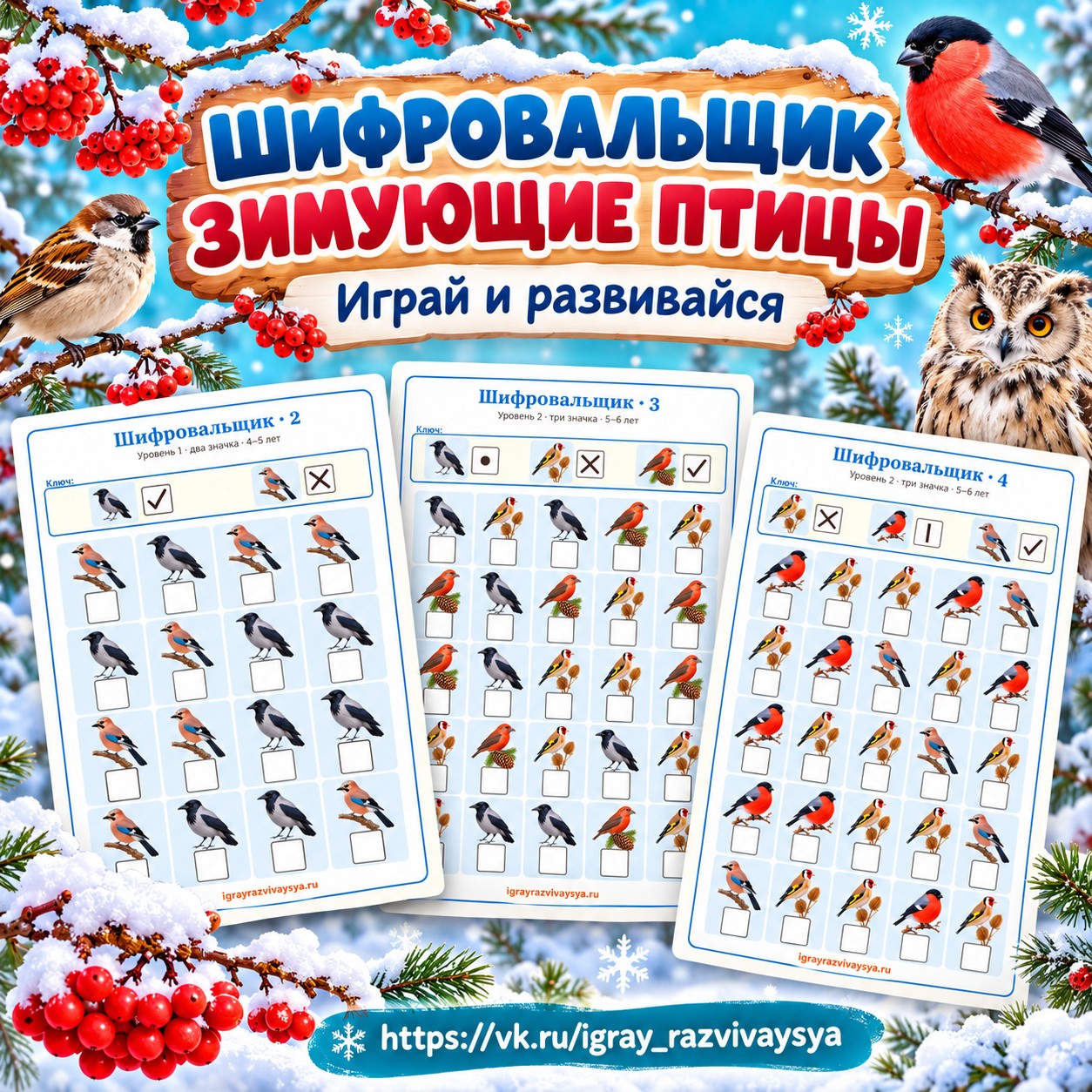 ШИФРОВАЛЬЩИК ЗИМУЮЩИЕ ПТИЦЫ — зима, зимующие птицы, птицы — скачать для детского сада