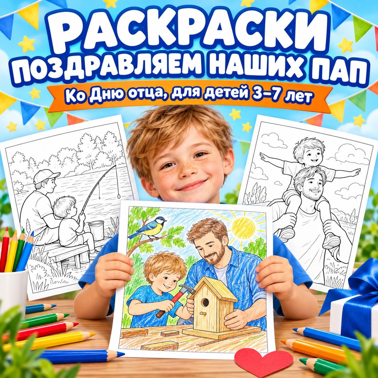 РАСКРАСКИ ПОЗДРАВЛЯЕМ НАШИХ ПАП — день отца, раскраски, 4-5 лет — скачать для детского сада