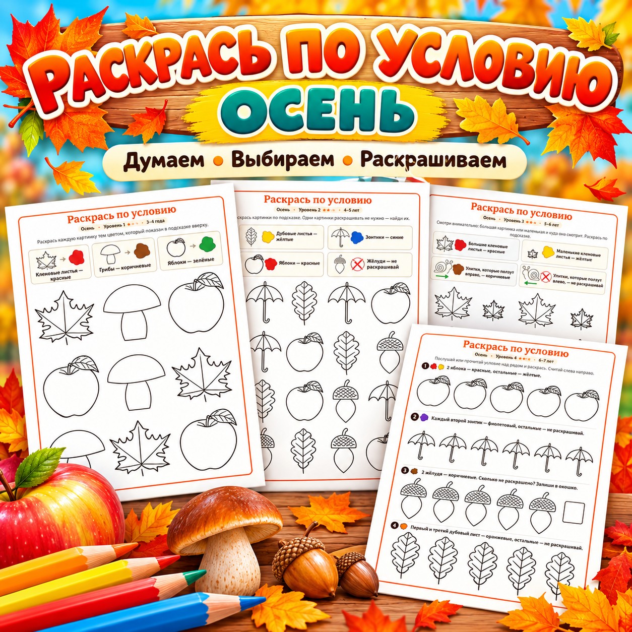 РАСКРАСЬ ПО УСЛОВИЮ ОСЕНЬ — осень, раскраски, 4-5 лет — скачать для детского сада