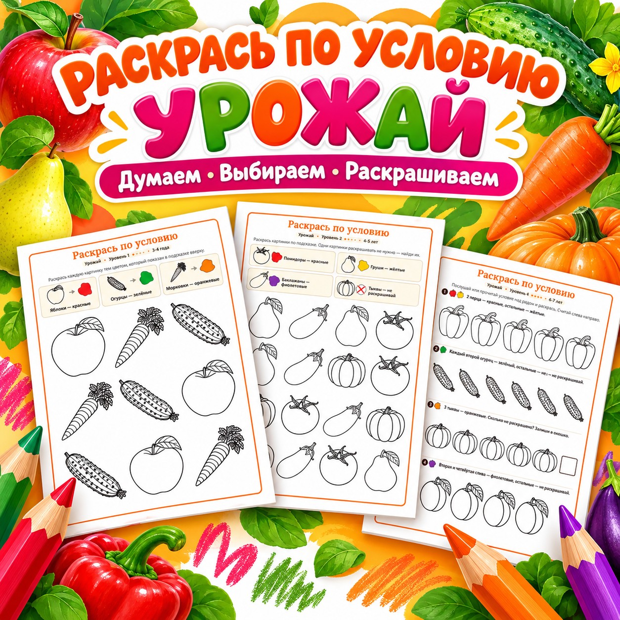 РАСКРАСЬ ПО УСЛОВИЮ УРОЖАЙ — осень, овощи, фрукты — скачать для детского сада