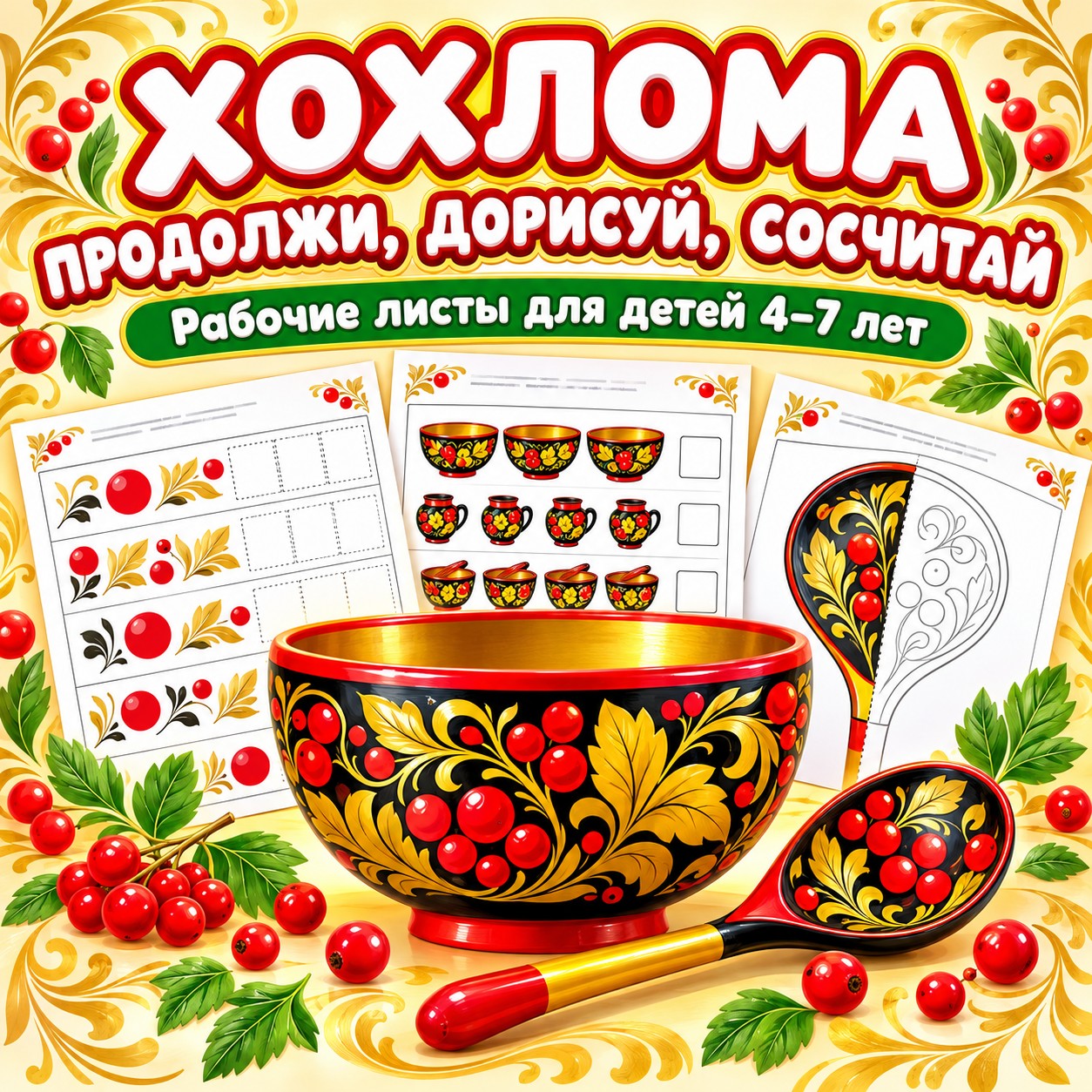 ХОХЛОМА ПРОДОЛЖИ ДОРИСУЙ СОСЧИТАЙ — Хохлома, народные промыслы, счет — скачать для детского сада