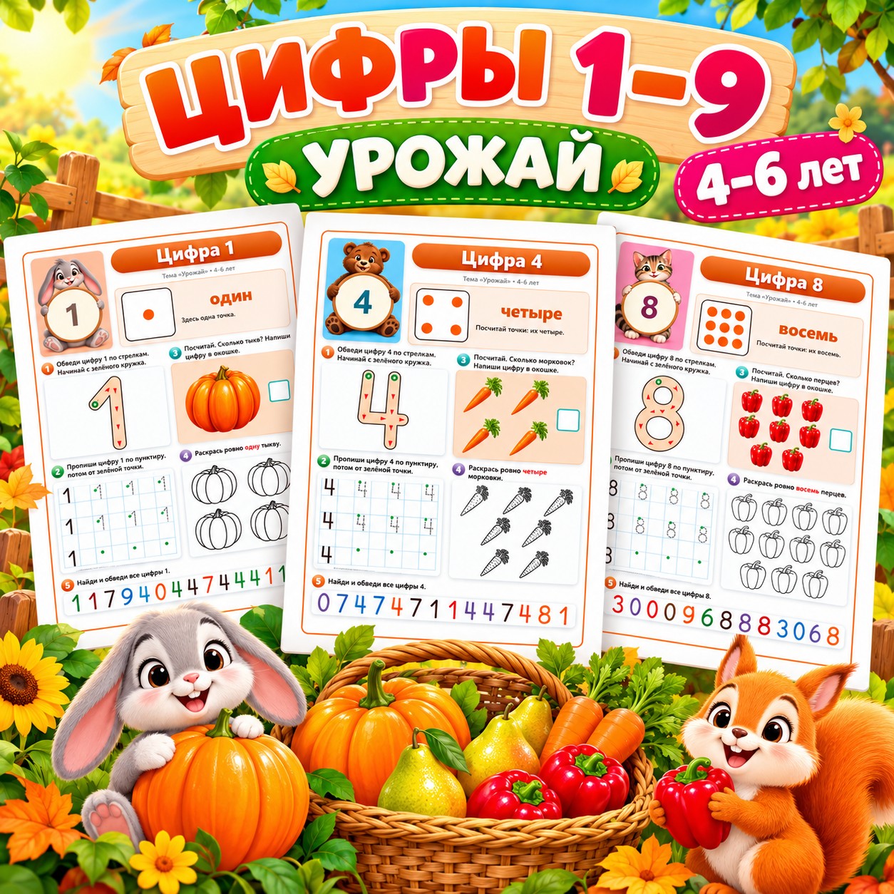 ЦИФРЫ 1–9 УРОЖАЙ — осень, овощи, фрукты — скачать для детского сада