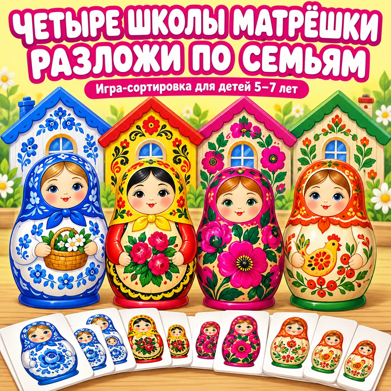 ЧЕТЫРЕ ШКОЛЫ МАТРЁШКИ РАЗЛОЖИ ПО СЕМЬЯМ — матрешка, народные промыслы, 4-5 лет — скачать для детского сада
