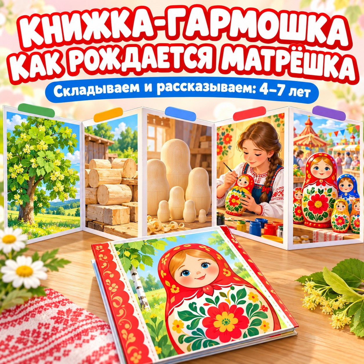 КНИЖКА-ГАРМОШКА КАК РОЖДАЕТСЯ МАТРЁШКА — матрешка, народные промыслы, 4-5 лет — скачать для детского сада